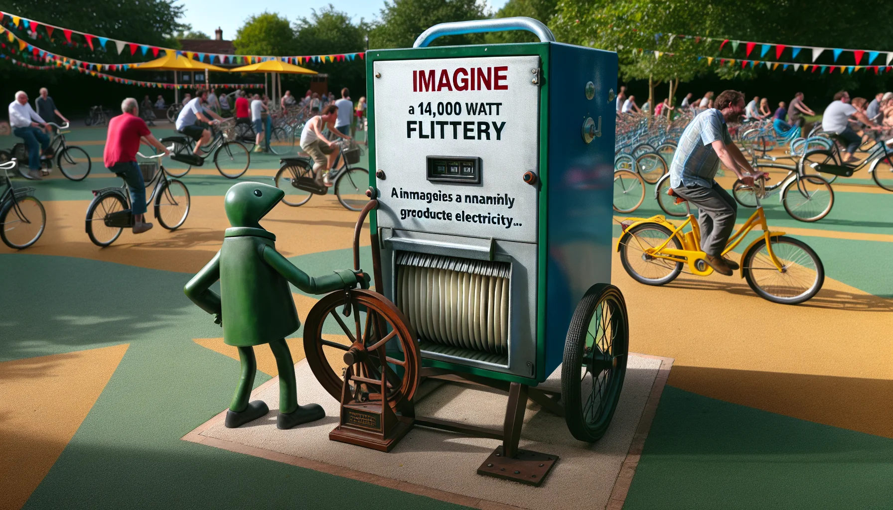Imagine a scene where a person-sized 14,000 Watt filter is portrayed in a creative and humorous manner, encouraging people towards generating electricity. The filter is brilliantly animated with a vibrant personality. It charmingly attempts, despite its inanimate nature, to manually produce electricity – unsuccessfully operating a vintage hand crank generator. The background is an inviting green energy park where citizens of all descents are laughing and engaged in generating electricity using various manual methods such as cycling on energy-producing bikes.