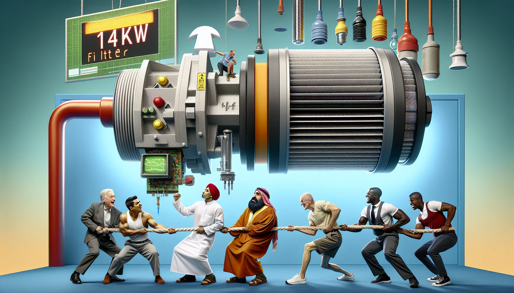 Visualize a humorous scenario that showcases a 14kW Filter. This filter is playfully personified and is actively participating in a game of tug-of-war with a group of individuals representing different descents - a Hispanic muscular woman, a South Asian elderly man, a Middle Eastern young man, and a Black athletic woman. The individuals are all straining against the powerful force of the 14kW Filter, signifying its immense power. On the side, a huge electronic display is brightly showing '14kW Filter - Power Up Your Life!' This amusing scene is meant to represent the concept of generating electricity, adding a fun twist to this important conversation about sustainable energy sources.