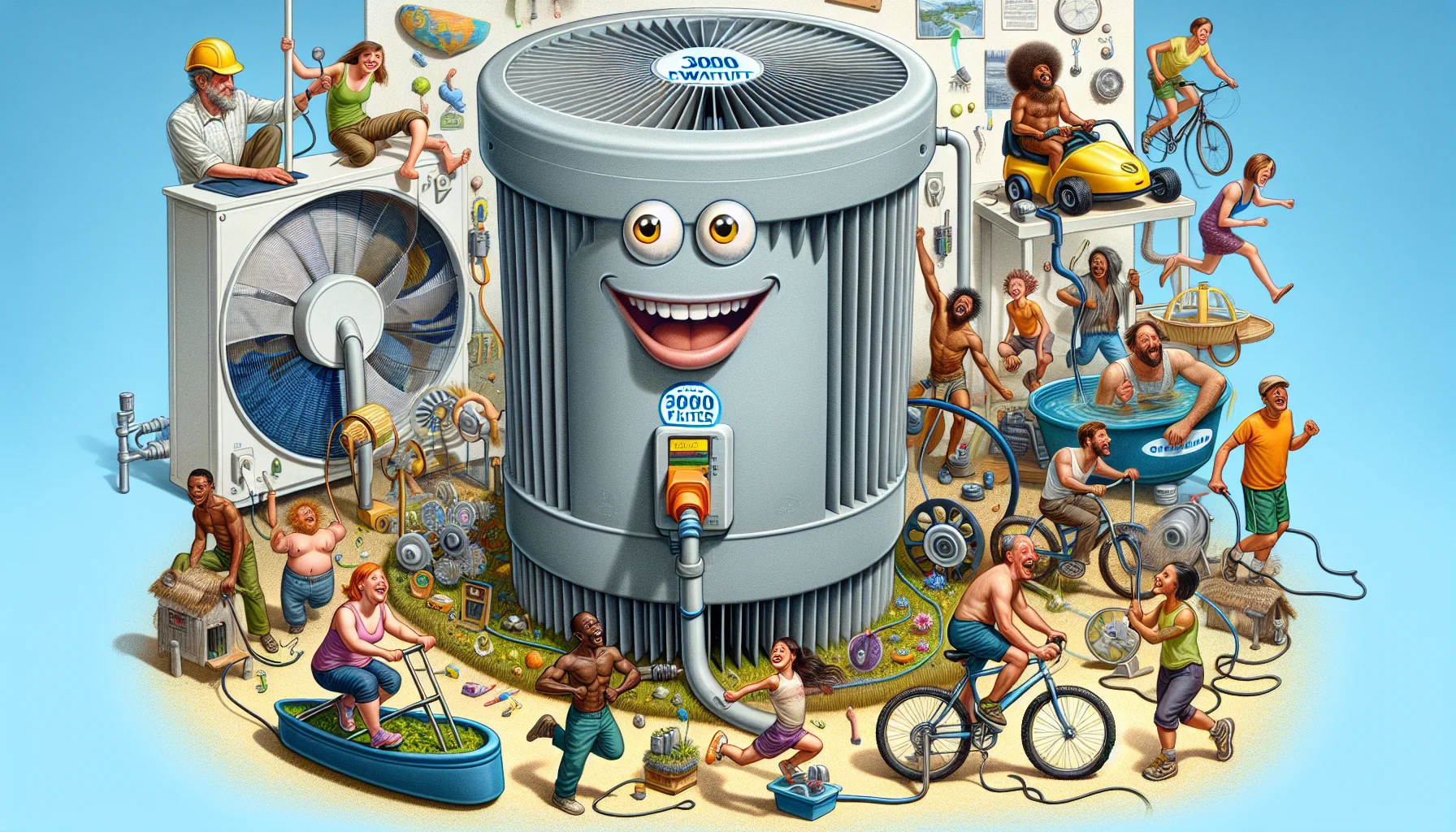 Create a detailed and realistic image that humorously presents a 3000 Watt Filter. The filter is brought to life through anthropomorphism, with expressive cartoon-like eyes and a big, friendly smile, urging people to generate electricity. Surrounding it, a diverse group of people, including a Caucasian woman, a Black man, a Hispanic man, and a South Asian woman, are all enthusiastically using various bio-energy methods like cycling power generators, paddling water wheels, and running in giant hamster wheels - all connected to the energized 3000 Watt Filter. The image is uplifting, tinged with a fun sense of competition and cooperation.