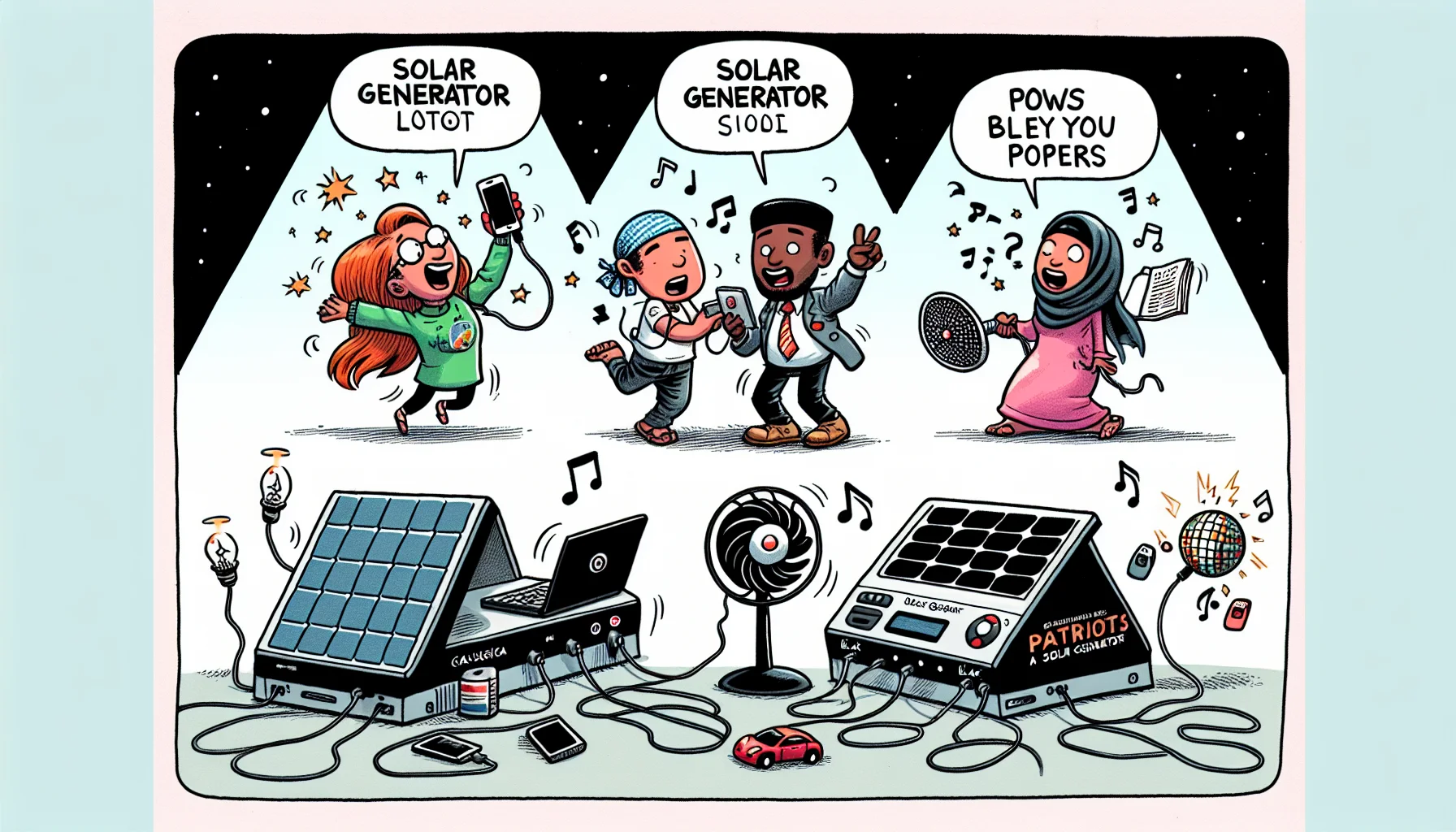 Draw a humorous scene of a solar-generator comparison. In the image, we see four cartoon-like individuals, each representing a different racial group (Caucasian, Hispanic, Black, Middle-Eastern). They are gathered around four different solar generators, each branded with the emblem 'Patriots'. The Caucasian woman is trying to power her laptop with the generator but instead, inadvertently turns on a disco ball. The Hispanic man is plugging in a fan, only to blow away his papers. The Black male teenager tries to charge his phone but instead, a mini toy electric car zooms off. The Middle-Eastern woman attempts to power a radio, but it comically plays opera music instead of rock. These comedic mishaps are meant to highlight the fun in using these solar generators.