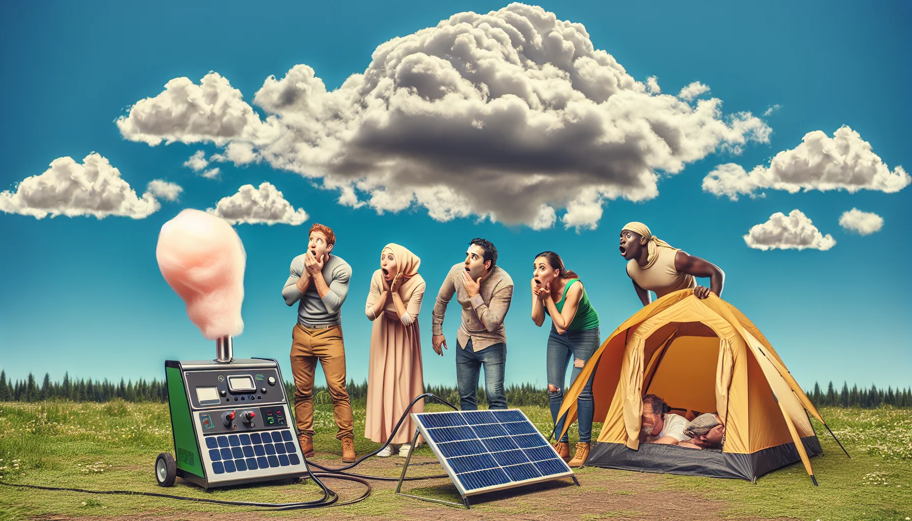Create a humorous image featuring a generic solar generator. Picture it on a peaceful sunny day at an outdoor camping site. Imagine a group of surprised campers: a Caucasian man, a Middle-Eastern woman, a Hispanic woman and a South-Asian man, looking in awe as the small solar generator beside their tent powers a massive apparatus like a candy floss machine or a movie projector. Fluffy clouds in the blue sky above add a cheerful touch, underlying the theme of green energy.