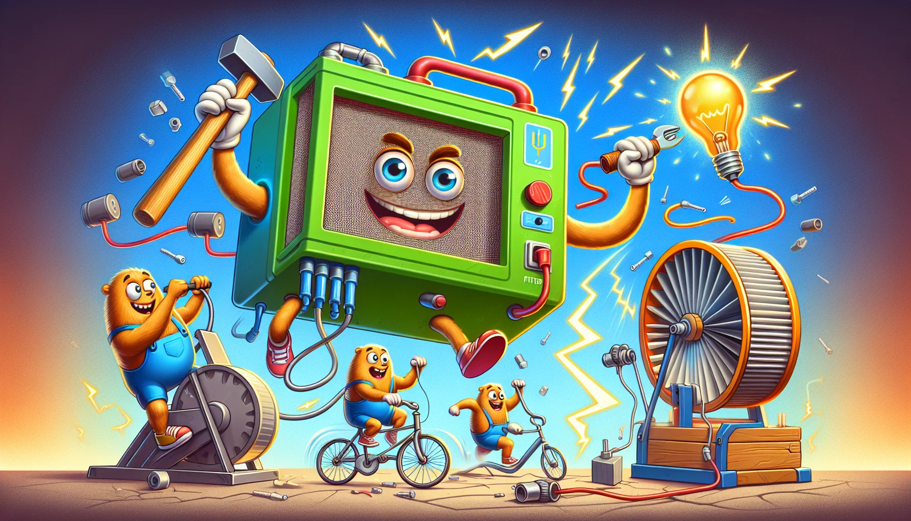 Create an image of a large, vibrantly colored, 7,000 Watt Filter in an entertaining scenario. This filter is anthropomorphized, with cartoon eyes and a wide grin. It engages in various fun activities such as swinging a hammer at a dynamo to generate electricity, riding a stationary bike with wires leading to a bulb, and running on a human-sized hamster wheel connected to a power generator. The atmosphere should be playful and energetic, with bright, exaggerated sparks of electricity and fun visual effects indicating the generation of power.