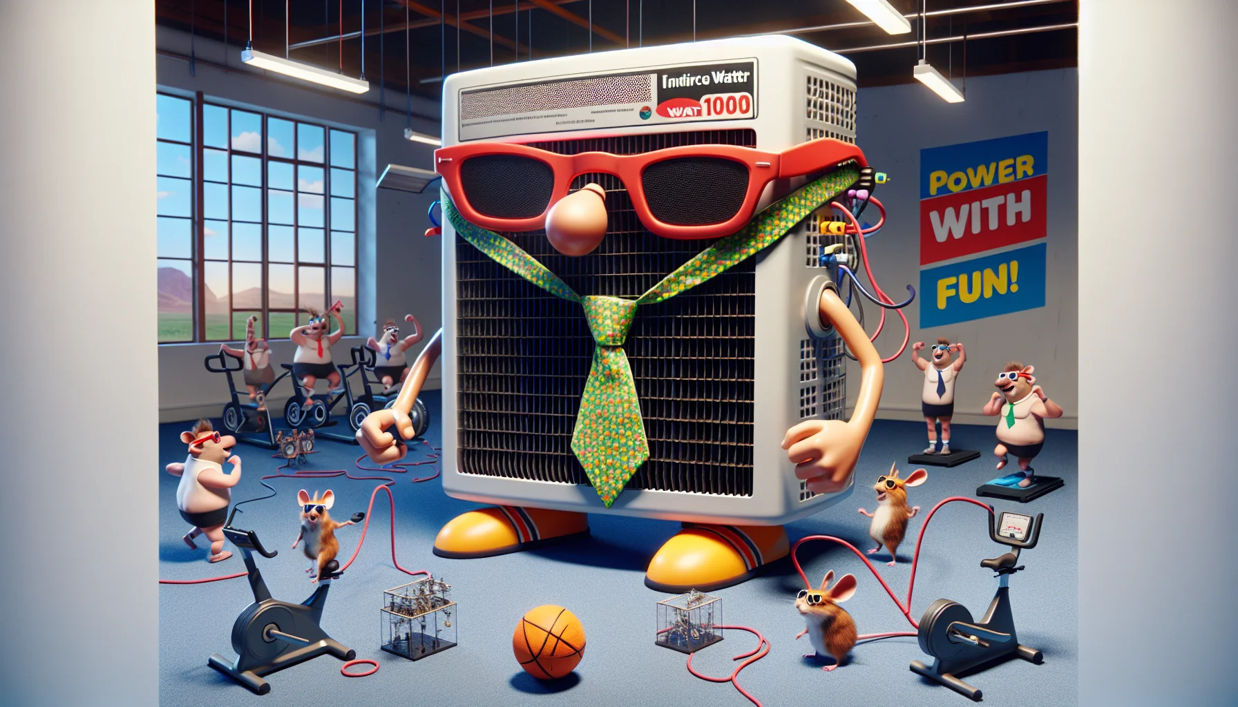 Create an unexpected and humorous scene with a large, powerful 10,000 Watt Filter as the central character. Picture this machine adorned with cartoonish sunglasses and a vibrant tie, as if it's playfully dressed up for an office party. Around it, animate a variety of activities that one might typically associate with electricity generation, such as exercise bikes connected with wires, or hamsters running on wheels powering miniature light bulbs. The mood should be light-hearted and jovoyant. The background could include a bold slogan like 'Power up with Fun!' to attract attention and generate excitement about electricity generation.