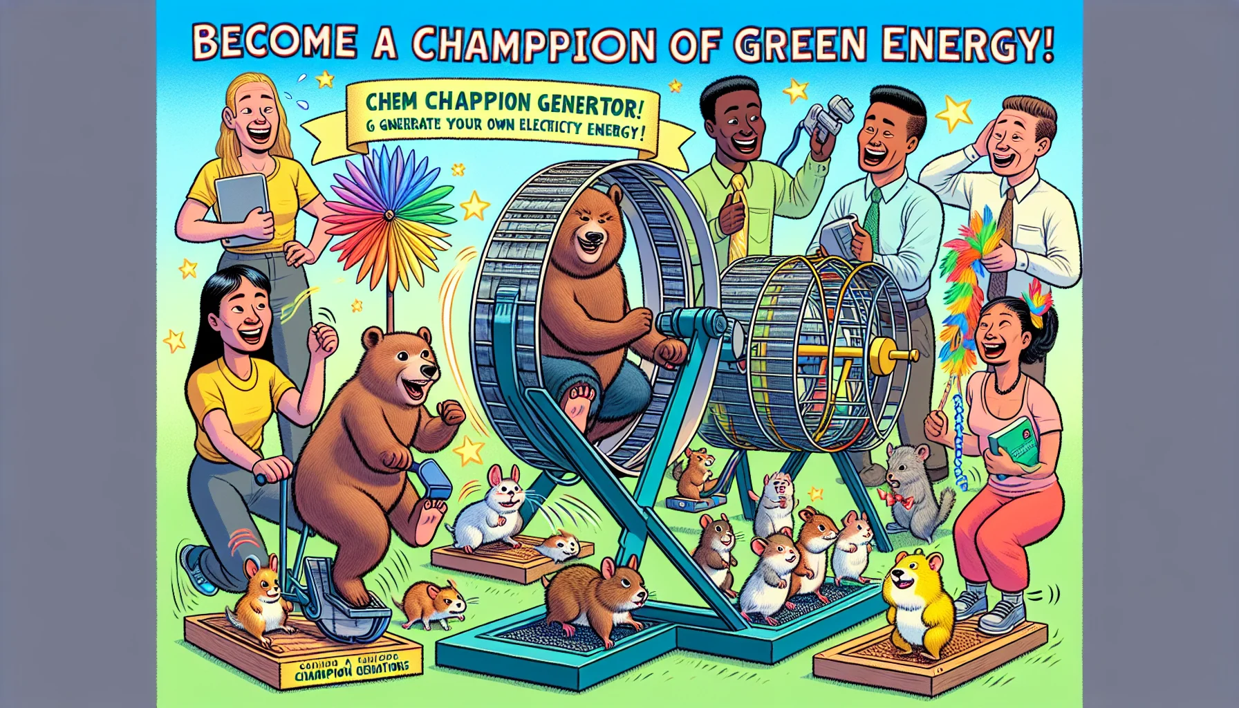 Create a detailed and vivid picture illustrating a humorous situation where champion generators are in use. These champion generators are diversified and positioned in various funny situations that encourage audience to generate their own electricity. One generator is being pedaled by a friendly bear, another one is attached to a group of hamsters running in their wheel, and yet another one is connected to a windmill made of brightly colored feathers. At the back, a banner with the text 'Become A Champion of Green Energy!' is displayed. Include human representation showing diverse individuals - Caucasian woman, Hispanic man, Black woman and a Middle-Eastern man - laughing at these funny scenarios while also appreciating the importance of electricity generation.