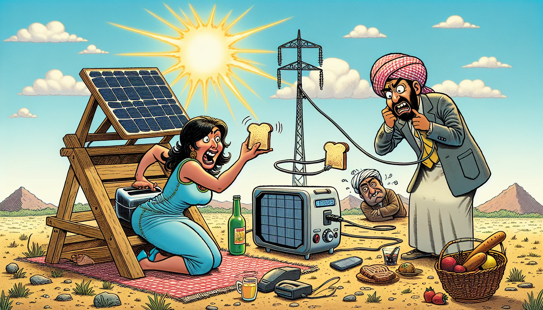 Illustrate a comedic situation involving the best portable solar generator. Set in an outdoorsy environment, a lady with Hispanic descent is trying to toast bread using a toaster plugged into the solar generator. Nearby, a Middle-Eastern man is perplexedly trying to power up a large, old-fashioned television set outside. The overall atmosphere should be playful, highlighting the point that with the portable solar generator, they are able to generate electricity anywhere in a whimsical manner. Add details like bright sunlight, the generator enthusiastically gleaming, and lighthearted expressions on the people's faces to add to the humor.