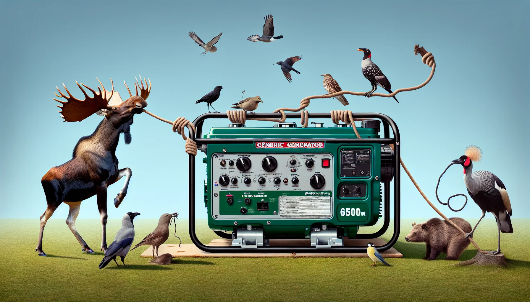 Create a detailed and humorous image featuring an unnamed generic 6500-watt generator. In the image, present the generator in a clever situation that urges people to consider generating their own electricity. Picture the generator in nature, perhaps being playfully rotated by a group of animals, showing their interest in generating power. A moose might be using the pull cord like it's playing tug of war, for instance, while birds perch on top, seemingly peering at the various control knobs.