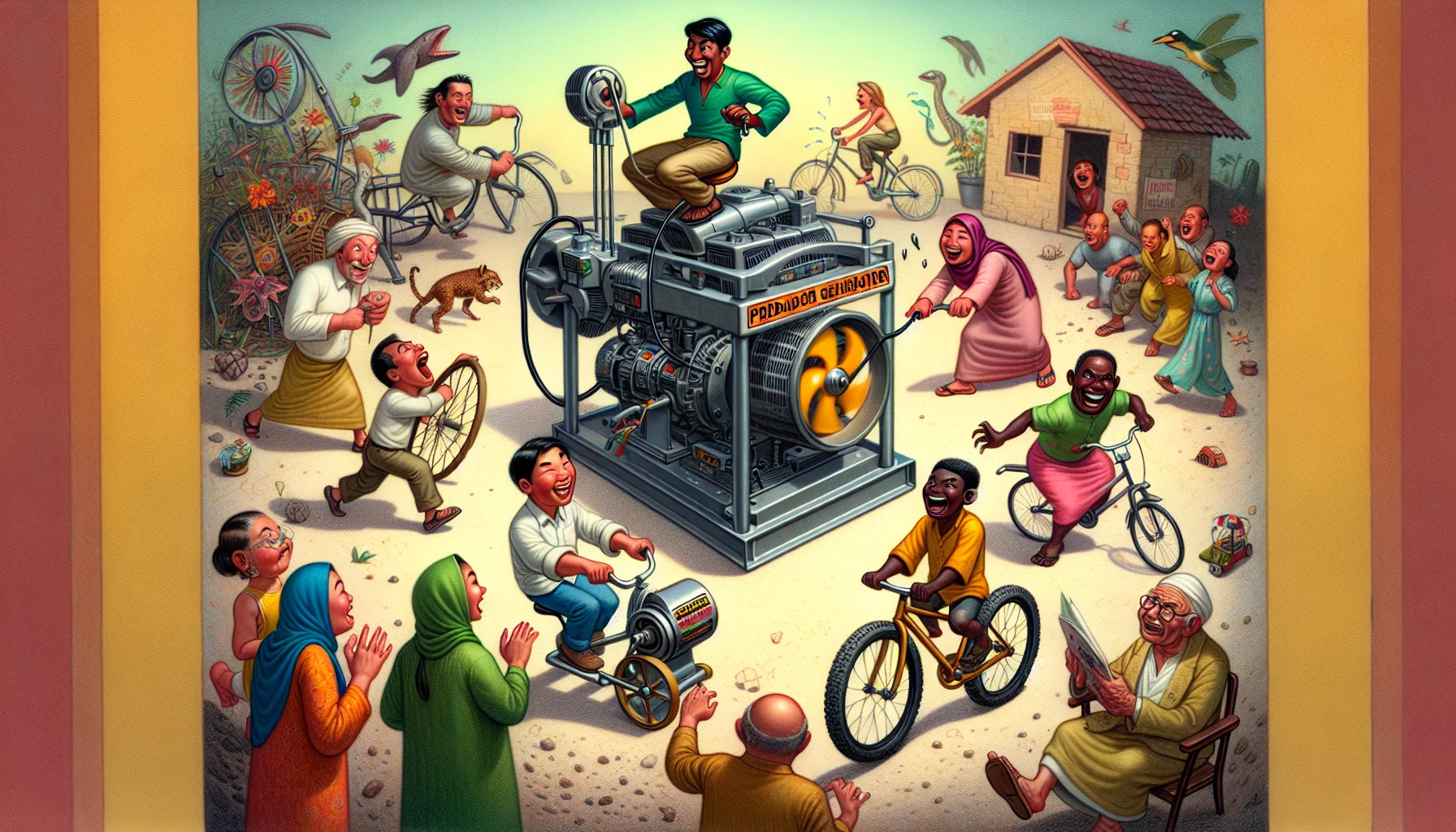 Illustrate a humorous situation of a realistically designed Predator Generator's filter, located prominently in the scene. It is attracting attention from a diverse group of people who show wonder and excitement at the prospect of generating electricity. Picture an East Asian man hilariously biking to power the generator, a Black woman laughing while turning a giant manual crank, a South Asian boy attempting to run on a wheel like a hamster, and a Middle Eastern elderly woman bemusedly watching the scene unfold, all encircling the central generator filter.