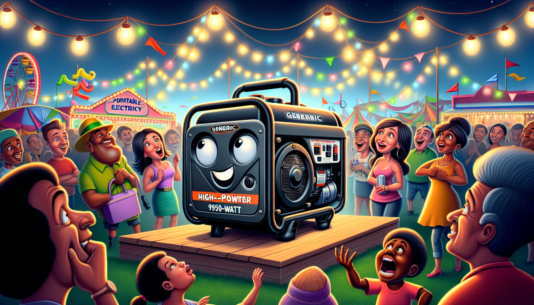 A vibrant, whimsical scene featuring a generic, high-power, 9500-watt portable generator in a humorous setting. The generator is anthropomorphized, boasting a friendly smile as it proudly cranks out electricity. It's situated at the center of a bustling fairground, brightly lit by lights powered by the generator itself. A diverse array of people, including an intrigued Caucasian woman, a delighted Black man, and a Hispanic child wide-eyed with amazement, gather to watch. Their expressions hint at the enjoyment and convenience brought by the reliable electricity source. The illustration style communicates a sense of charm, realism, and lighthearted humor.