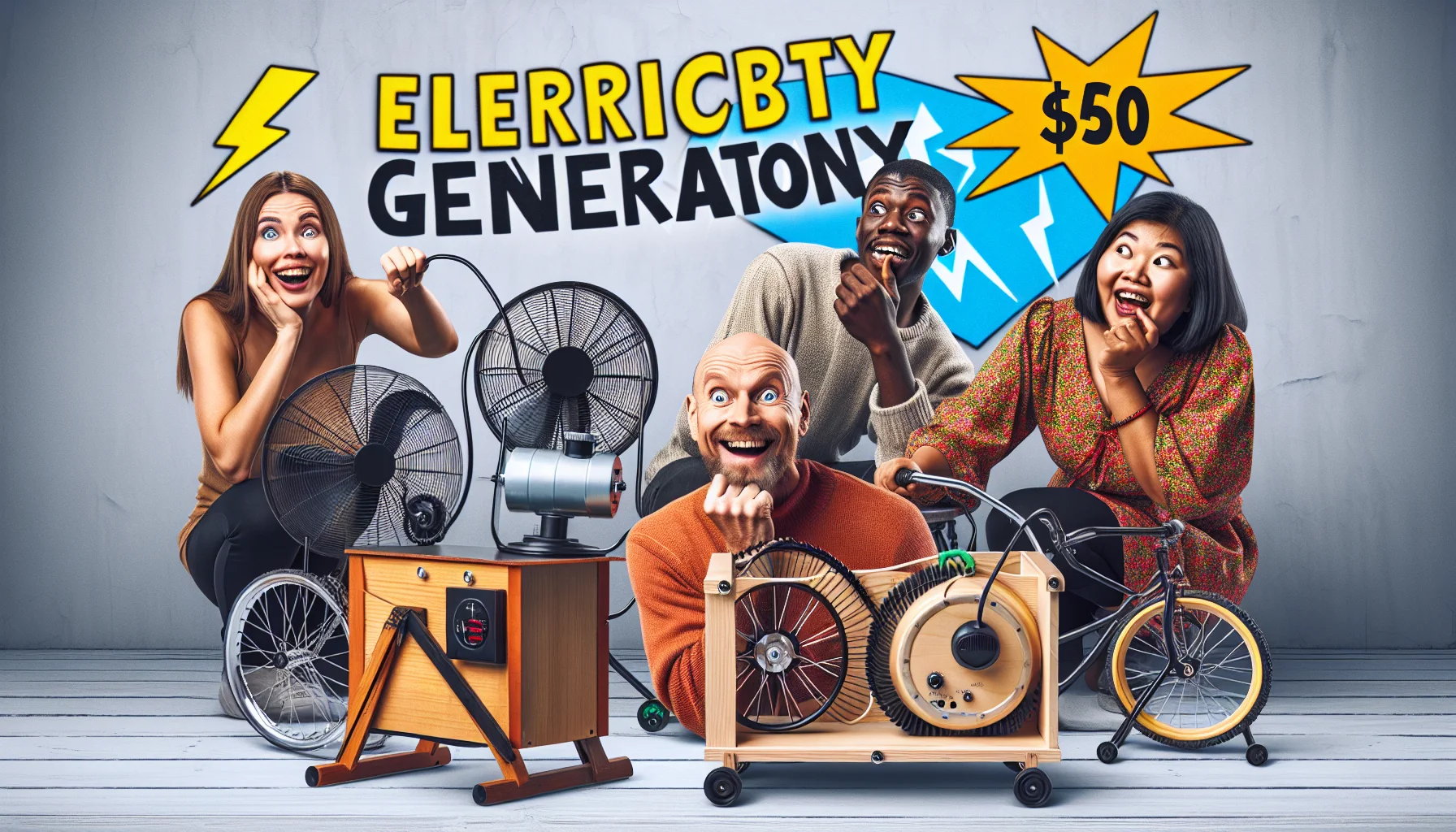 Create a humorous, realistic image featuring inexpensive electricity generators. In the foreground, there's a jovial group of people of various descents - one Caucasian man, one Black woman, one Hispanic man, and one South Asian woman - all sporting curious expressions as they participate in generating electricity. They may be hilariously attempting to power their devices like phones, fans, and lamps using hamster wheels, bicycles, or hand cranks connected to these affordable generators. The background is filled with quirky lightning bolt graphics and flashy 'Electricity Generation' signs.