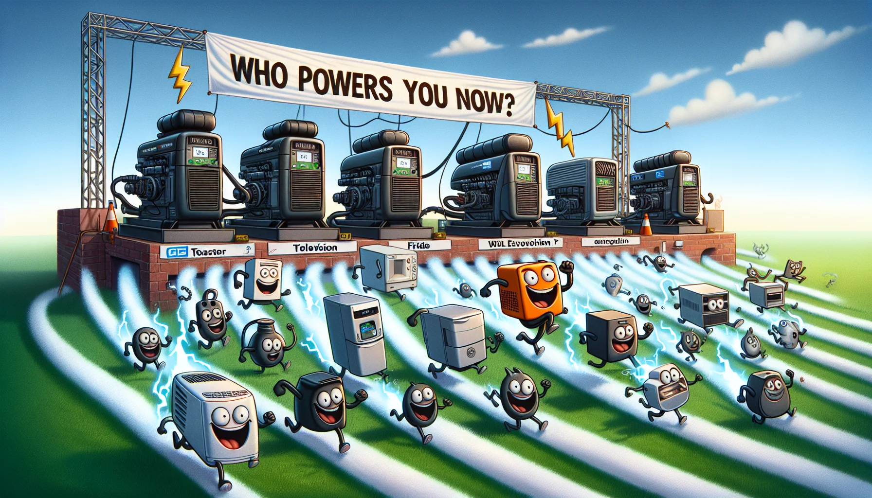 Visualize a humorous scenario where various mid-size, low-cost power generators are personified as lively characters. They are seen participating in a friendly race, with electricity bolts as their trails, symbolizing their purpose of generating electricity. A crowd of different appliances like toaster, television, fridge, fan, each portrayed with comically excited expressions, are cheering them on. The setting is an open field under a clear blue sky. The winning generator crosses a banner that reads 'Who powers you now?'. The overall scene should evoke a sense of fun and excitement about generating electricity.