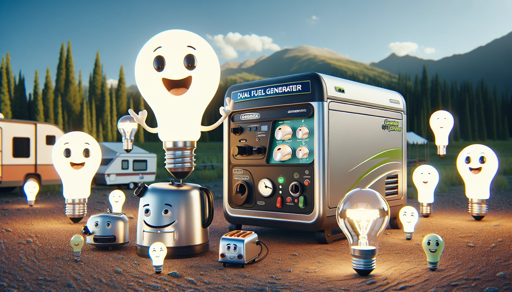 An image of a humorous setting with a dual fuel generator. The generator has a cheerful anthropomorphic face, seeming to suggest 'Come, generate power with me!'. Around it are cartoonish light bulbs that are glowing bright, making it appear as if they are dancing. On the ground, there are smaller anthropomorphic appliances like a toaster and a blender who are also excited, as if in a party. The backdrop is a scenic outdoors, maybe a campsite or an RV park, with distant trees and mountains showing the potential for off-grid electricity generation.