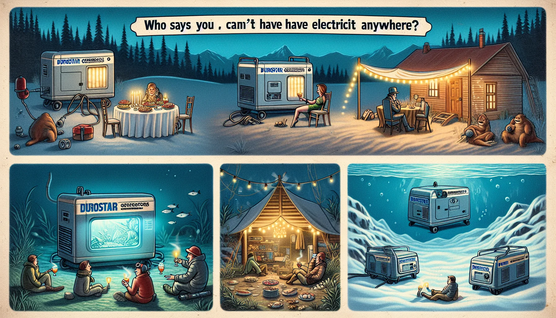 Illustrate a humorous scene where an array of Durostar generators are situated in unexpected environments. Show one generator powering a fancy dinner party outdoors in the wilderness, another illuminating an underwater explorer's cabin, and a third one powering a pop-up movie night at the top of a snow-covered mountain. The vintage-style caption should read, 'Who says you can't have electricity anywhere?'