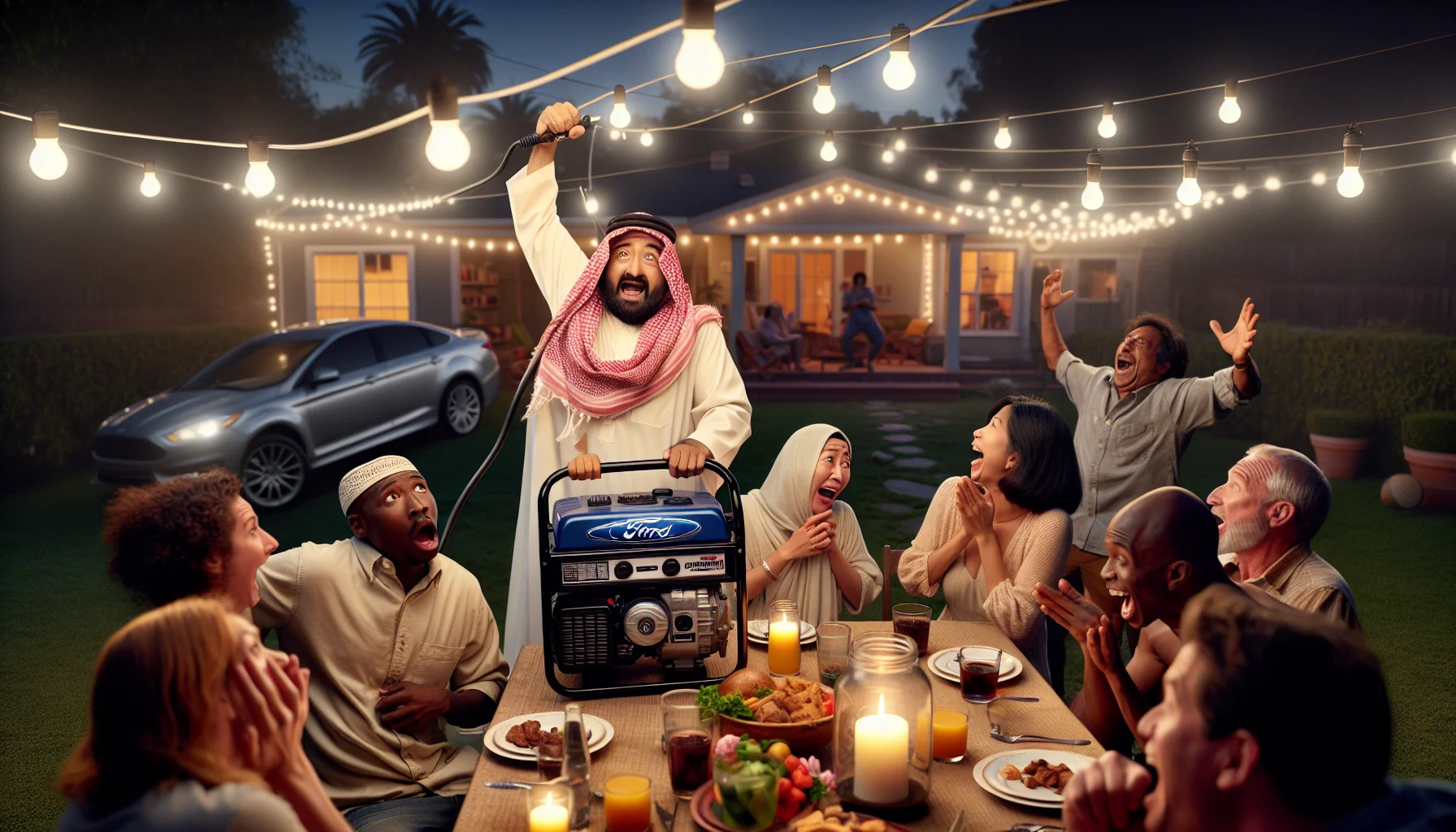 Create a humorous, realistic scene involving a power outage at an outdoor night-time dinner party. The party attendees look shocked and slightly disappointed. Suddenly, in the midst of confusion, a Middle-Eastern man steps forward, light glowing on his face in anticipation. He triumphantly lifts a Ford generator over his head, plugging it in, and instantly everything alights back up. The guests, including a South Asian woman and a Black man, are visibly relieved and cheer in unison, laughing at the absurdity of the situation. Everything is decorated with a clear nod to the brand Ford without explicit logos.