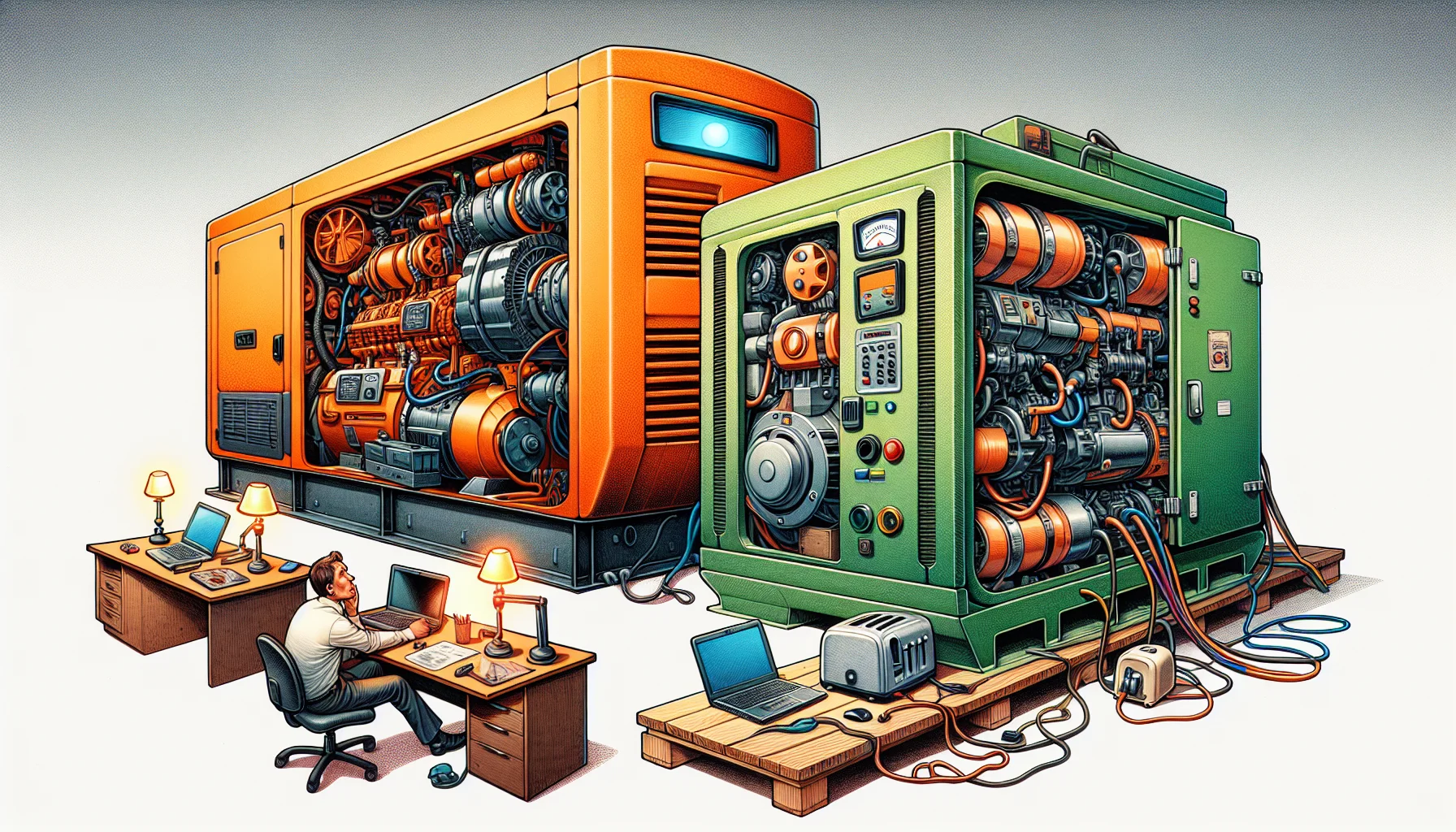 Generate a humorous scene showcasing the comparison of two large industrial generators. On the left, depict a robustly-built generator painted a vibrant shade of orange with sleek, metal curves and a large control panel. To its right, illustrate another generator, this one a lighter shade of green with a more vintage, worn-out aesthetic. Both generators are connected to a variety of household and office items like a lamp, computer, and toaster. Also, include a few individuals including a Caucasian woman and a South Asian man, showing surprised expressions as they watch the performance of the two generators.