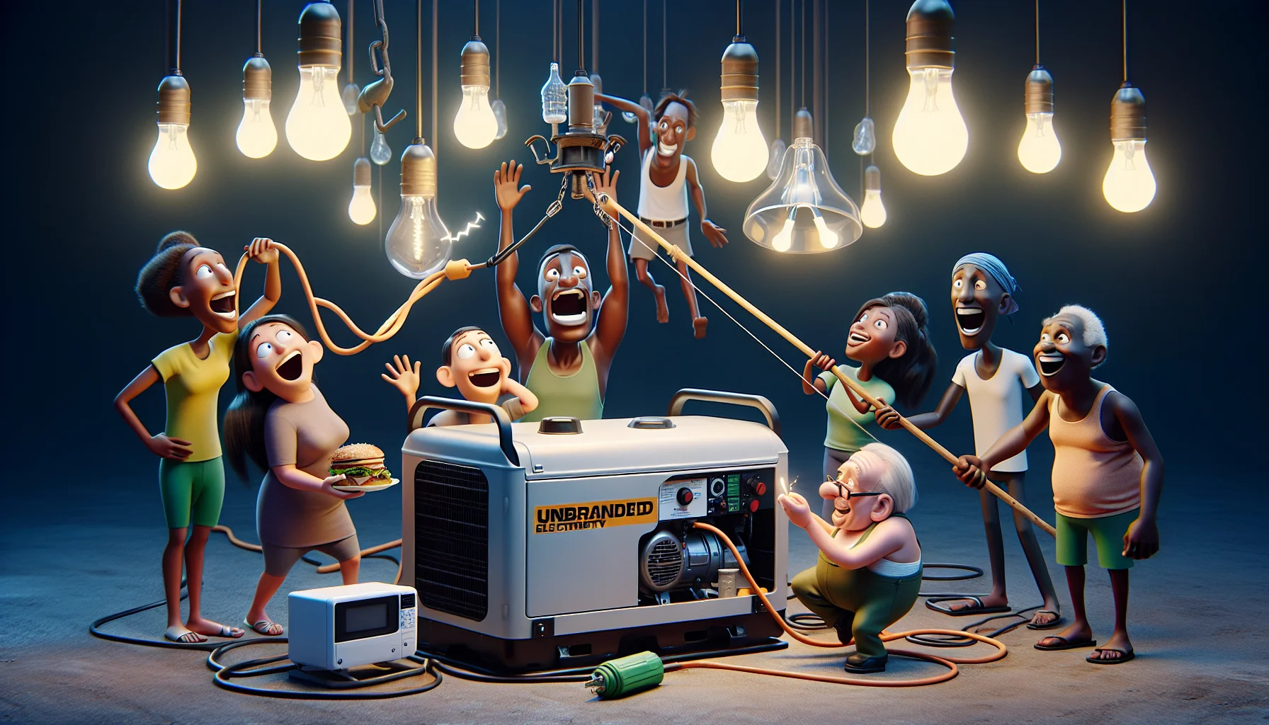Imagine a humorous scene featuring an unbranded electricity generator known for its reliability. Several animated characters, some humanoid and some abstract shapes, are huddling around it, their eyes wide with anticipation. A Caucasian woman with joyful expression, holds a large plug, about to connect it to the generator. A South Asian man stands by with a microwave, ready to heat his lunch. An elderly Black man laughs heartily as he dangles a chandelier from a fishing rod, eager to hook it to this power source. Lightbulbs hanging above them illuminate when the generator starts, signifying their delight and satisfaction with their power solution.