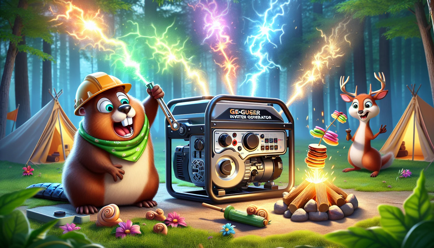 Picture a whimsical scene featuring a high-quality inverter generator set in a comical outdoor setting. The generator is well-loved, with a shiny exterior and a robust form, placed amidst a green campsite setting. Quirky characters such as a large beaver in a luminous hard hat are trying to generate electricity by cranking the generator handle. Nearby, a squirrel with a surprised expression on its face watches in awe as multiple colorful sparks fly out of the machine, displaying how spectacularly effective the generator is at producing power. A toasting marshmallow on a stick, glowing with flickering light, indicates the electricity is functioning fantastically.