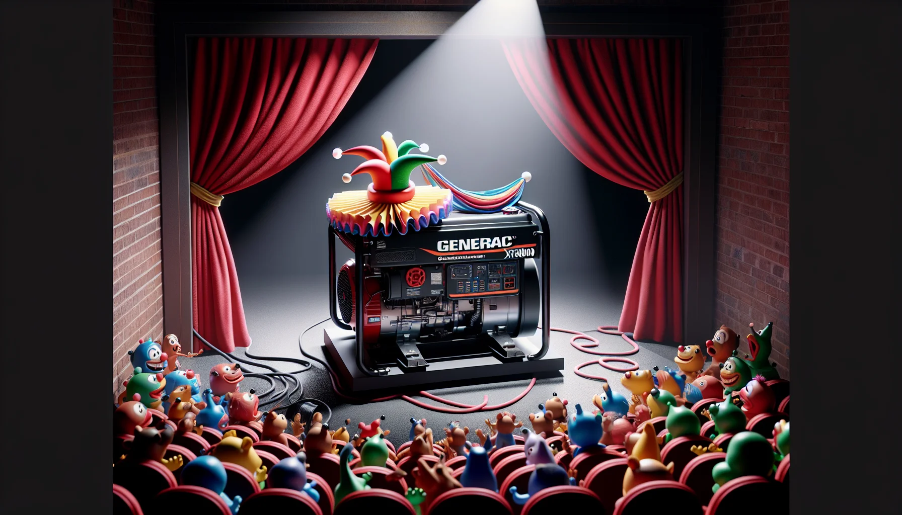 Imagine a highly detailed, realistic rendering of a Generac XT8000 Generator. This resilient power machine is placed in a humorous, unexpected environment - it's on a stage lit by a single spotlight, complete with red velvet curtains and a laughing audience. The Generator is colorfully decorated like a circus performer, complete with a ruffled clown collar and a jester’s hat, comically spinning at the top. It is surrounded by a bunch of amused cartoon animals usually solar-powered or battery-powered, eagerly waiting for it to generate electricity. The scene has a humorous and lively vibe, reflecting the joy of unlimited power.