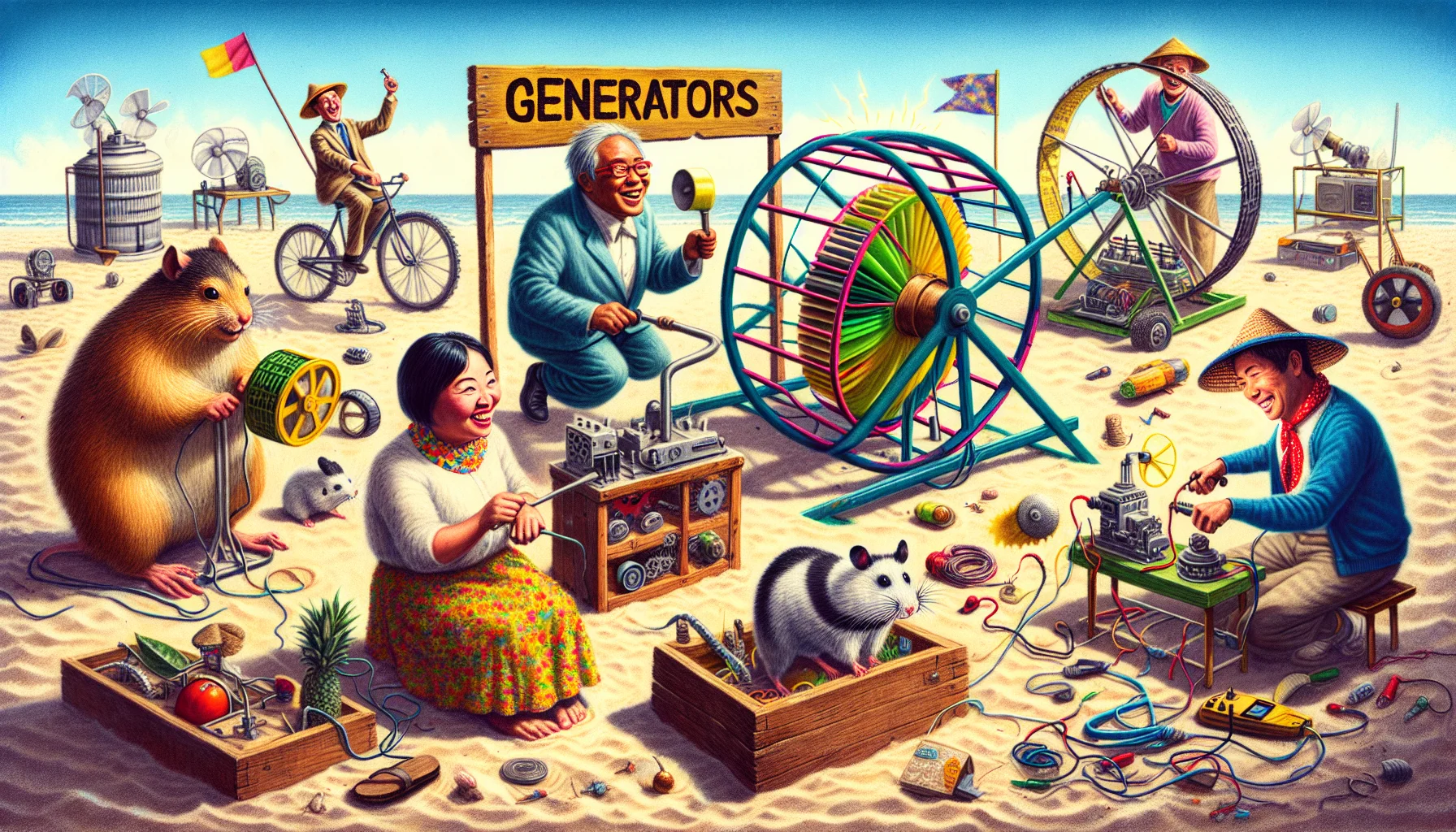 Create an amusing scene illustrating the Generators Category in a power generation contest. The requirements of the contest are to produce electricity in a unique and innovative way. Picture a sandy beach with various competitors scattered around, each using different strange, yet effective means of generating electricity. A man dressed as a hamster running in a giant wheel, a pair of middle-aged women cranking a large, colorful hand-operated generator, a young Hispanic child making a contraption out of recycled objects, and an elderly Asian man harnessing the power of the sun with a network of shiny mirrors. They're all grinning widely, driven by the fun and excitement of the competition and the desire to generate electricity.