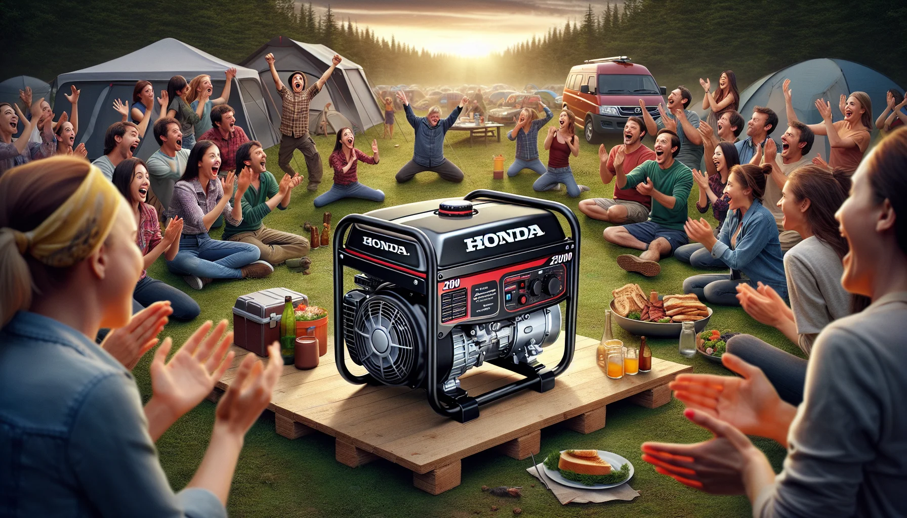 Imagine an interesting scene where a Honda 2000 Generator acts as the hero of the story. The generator is stylishly designed, compact, has sophisticated red and black design elements and is now at the center of a comical scenario. The generator is at a camping site, and it's surrounded by a group of cheerful people who are wildly applauding. Everyone is having fun due to the unexpected heroism of the generator, which saved their day by powering up a huge movie projector for a night movie in the wild. An air of amusement fills the scene as everyone laughs and claps, with the generator zealously 'humming' as though taking a bow.