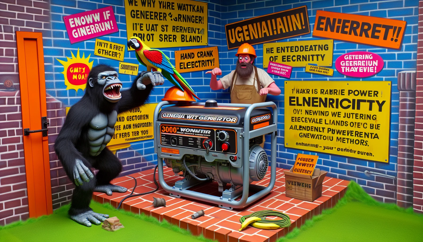 Visualize a humorous and eye-catching scene featuring a generic 3000 watt generator which resembles a product from an unnamed popular brand. The generator is situated in a vivid, quirky setup that overflows the mundane. Imagine, on one side, a man in a gorilla costume, ostentatiously trying to hand crank the generator, while on the other, a parrot perched on the generator, absurdly wearing a hard hat. The given scenery is doused in signs encouraging the use of generators, catchy lines about the power of electricity, and jesting phrases related to alternative power generation methods. The objective is to drive interest in power generators and symbolize the potential of independently generated electricity.
