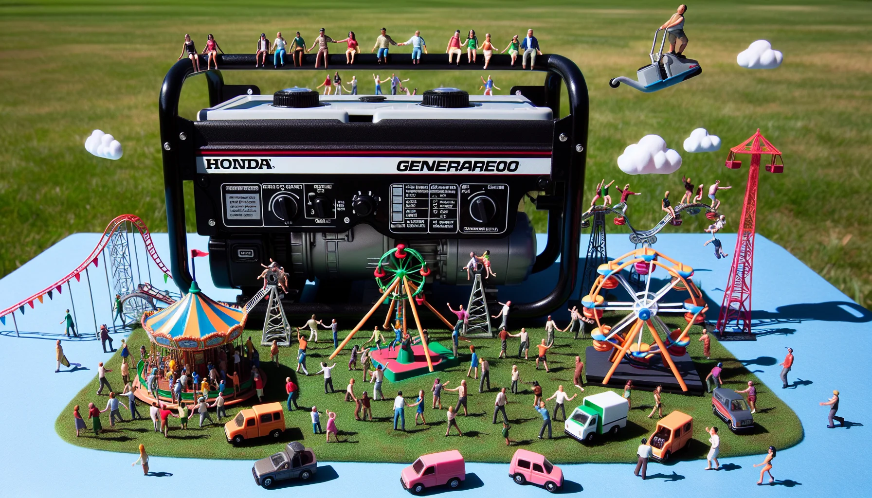 Generate a humorous and detailed image featuring a commercial generator akin to a 'Honda EB10000' placed in an interesting scenario to encourage people to produce electricity. The generator should stand out by, perhaps, running a miniature amusement park filled with delighted mixed-gender, multi-descent miniatures like South Asian, Caucasian, Hispanic and Black figures joyfully riding on tiny Ferris wheels, carousels, and roller coasters, all powered by the relatively massive generator. Floating text bubbles with funny remarks about electricity conservation & generation can be added for comedic effect. The background could be a grassy park on a sunny, cheerful day.
