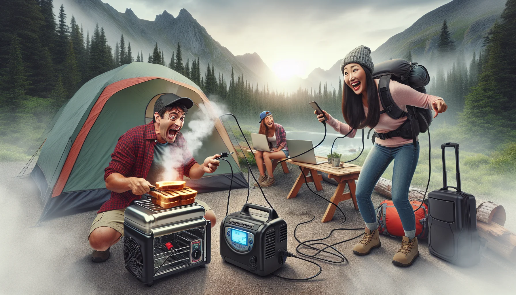 Create a humorous and realistically detailed image showcasing portable power generators in a camping scenario. Imagine a Caucasian male hiker accidentally plugging a toaster into a generator instead of his phone, causing smoke. An Asian female camper nearby is laughing and pointing, while simultaneously charging her laptop from another generator. Through this scenario, subtly evoke the usefulness and convenience of portable generators in providing electricity outdoors.