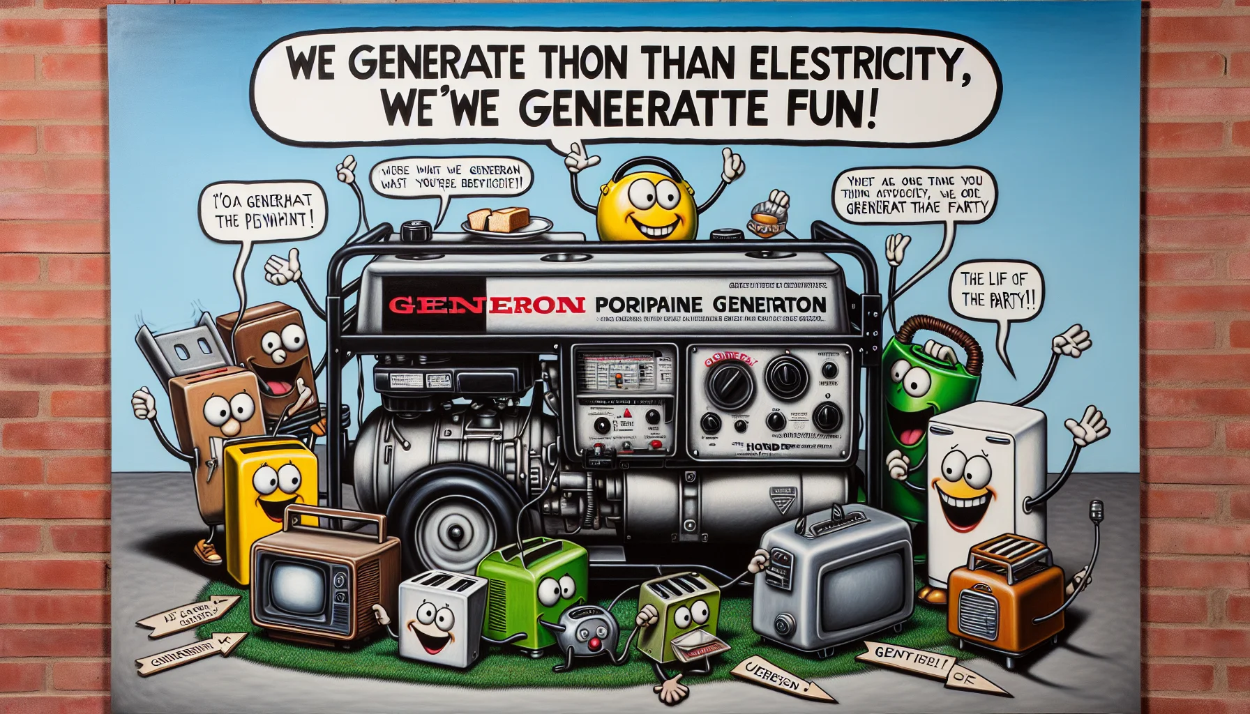Imagine a humorous setting featuring a generic propane generator styled like the ones manufactured in the 2000s. The generator is partying with a group of everyday household appliances, such as a black-and-white television, a retro fridge, and a vintage toaster. All the appliances are gleefully gathered around the generator, appreciating its effort. A comical slogan is present saying, 'We generate more than just electricity, we generate FUN!'. Beside the scene, there's an arrow pointing to the generator with a quirky statement saying, 'The life of the party!'. Note, the generator has the appearance similar to the ones from Honda brand but devoid of any brand-specific markings or logos.