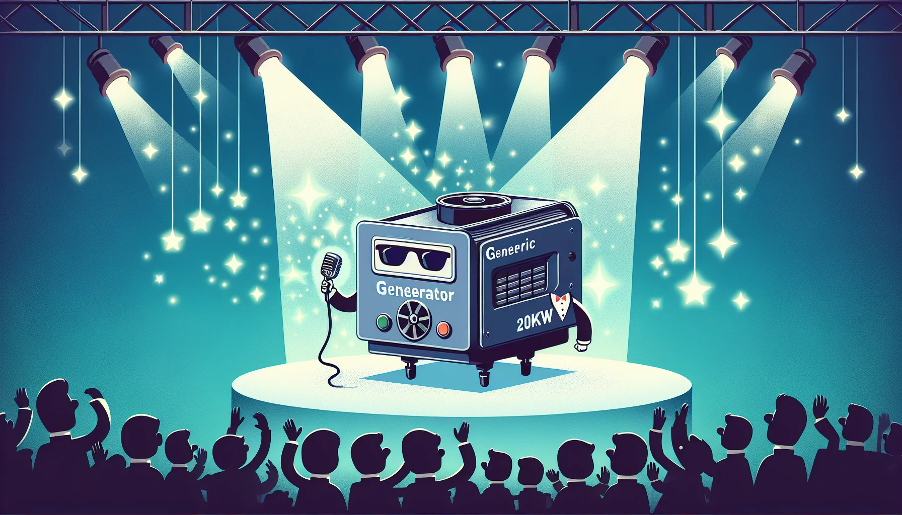 Create an image of a generic 20kW generator humorously dressed in a tuxedo, with sunglasses and a small hat. It's positioned on a stage under spotlights as if it's the star of the show. The generator seems to be enjoying the attention, with electrical sparks flying off it like magical tricks. This pitches the idea that generating electricity is not only necessary but can be fun and exciting too. There are cartoon characters in the audience, laughing, clapping, and clearly amazed by what they see.