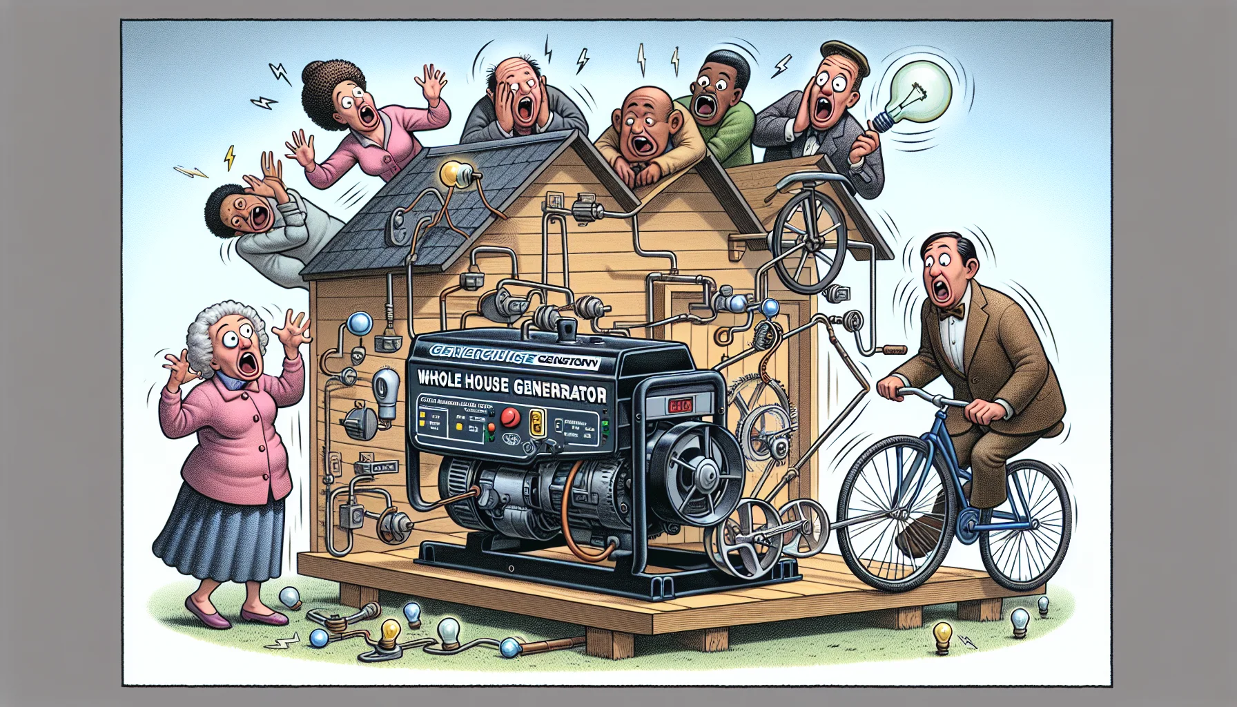 Visualize a humorous situation where a 'Whole House Generator', which is not linked to any specific brand, is shown in a central position. A group of diverse characters (including an elderly Caucasian woman, a young Hispanic man, and a middle-aged Black woman) are amusingly attempting to generate electricity the old-fashioned way. They have concocted a funny, convoluted Rube Goldberg machine, involving a bicycle, a hamster wheel, and an array of light bulbs. In contrast, someone just pushes a button on the generator, it starts smoothly, and they all look shockingly amazed, drawing emphasis to the generator's convenience and power.