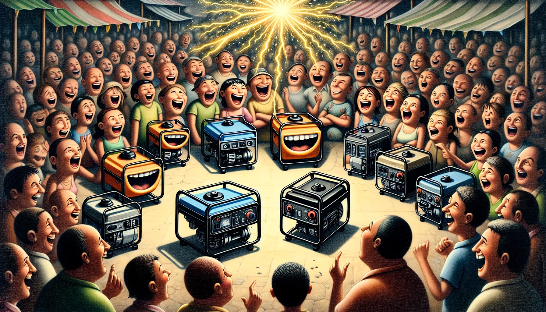 Imagine a delightful and amusing marketplace scene. We see a crowd of people, with a mix of genders and descents such as Caucasian, Hispanic, Middle-Eastern, and South Asian, all laughing and showing interest in a variety of portable generators on display. Each generator is anthropomorphized with hilarious and exaggerated facial expressions, as if they're competing with each other to persuade the onlookers. Sparks of electricity flash humorously like fireworks, generating bursts of brightness in the scene, signifying the power these devices possess. This whimsical depiction is designed to evoke a sense of fun in the serious realm of power generation.