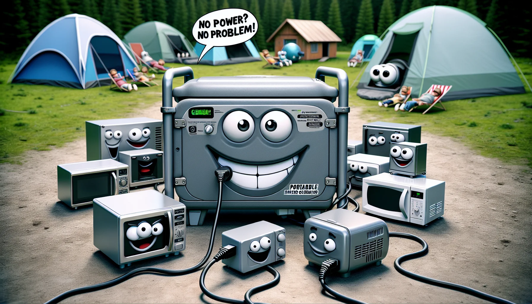 Create a detailed image of a grey portable inverter generator, humorously designed with cartoon-like eyes and a wide grin, enticing people to generate electricity. Have the generator situated against a lush, green campsite background, with a crowd of animated home appliances eagerly gathering around it. Feature a refrigerator, a microwave oven, and a television set, all with cartoon eyes and smiles, seemingly in awe of the generator's power. Their power cords trail behind them, connecting to the generator. Add a text bubble above the grinning generator saying, 'No Power? No Problem!'