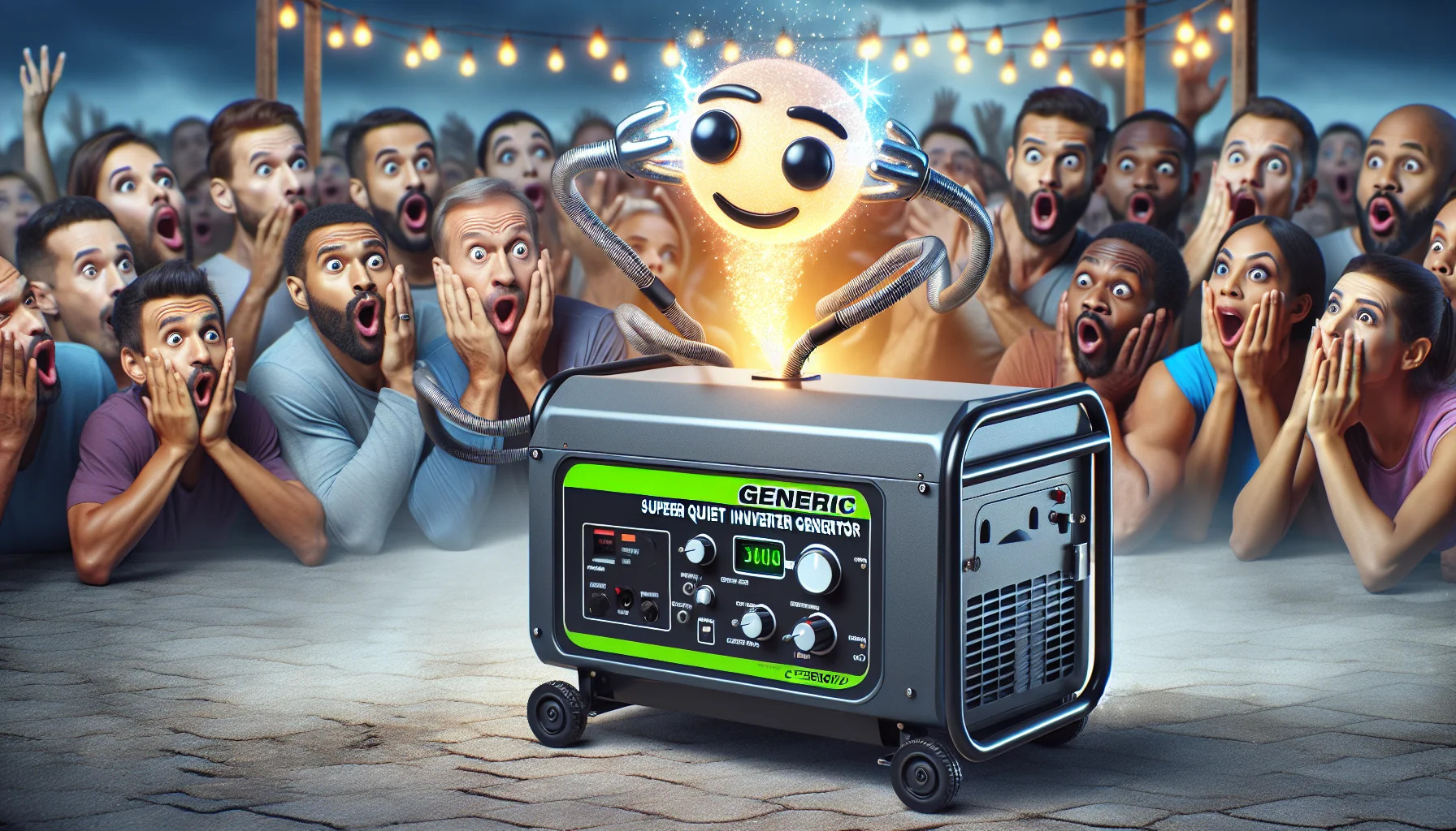 Create a lifelike image of a generic 3500-Watt Super Quiet Inverter Generator playing a comedic role in a scene. Let it be fundamentally appealing to people as it is generating electricity. Visualize the generator as having a cartoon-like facial expression, perhaps a broad grin, with its power cables serving like arms, pretending to juggle with bright, sparkling spheres of electricity. Surprised people of various descents including Caucasian, Black and Hispanic, both men and women, captivated by the spectacle, can be pictured in the background.