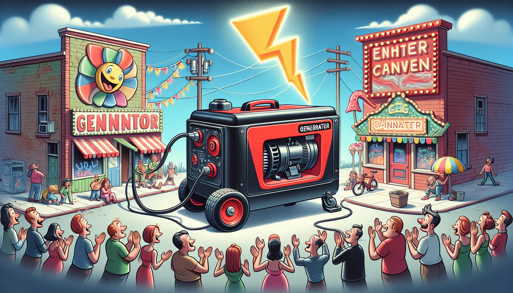 Imagine a humorous scene revolving around a large, robust, red and black portable power generator. This generator is playfully depicted as generating an extravagant lightning bolt to power a small town's carnival, illuminating neon signs and fun rides. A diverse collection of surprised yet delighted townspeople is seen applauding the generator. The generator is characterized with cartoon-like facial features, giving it a friendly and helpful, almost heroic personality.