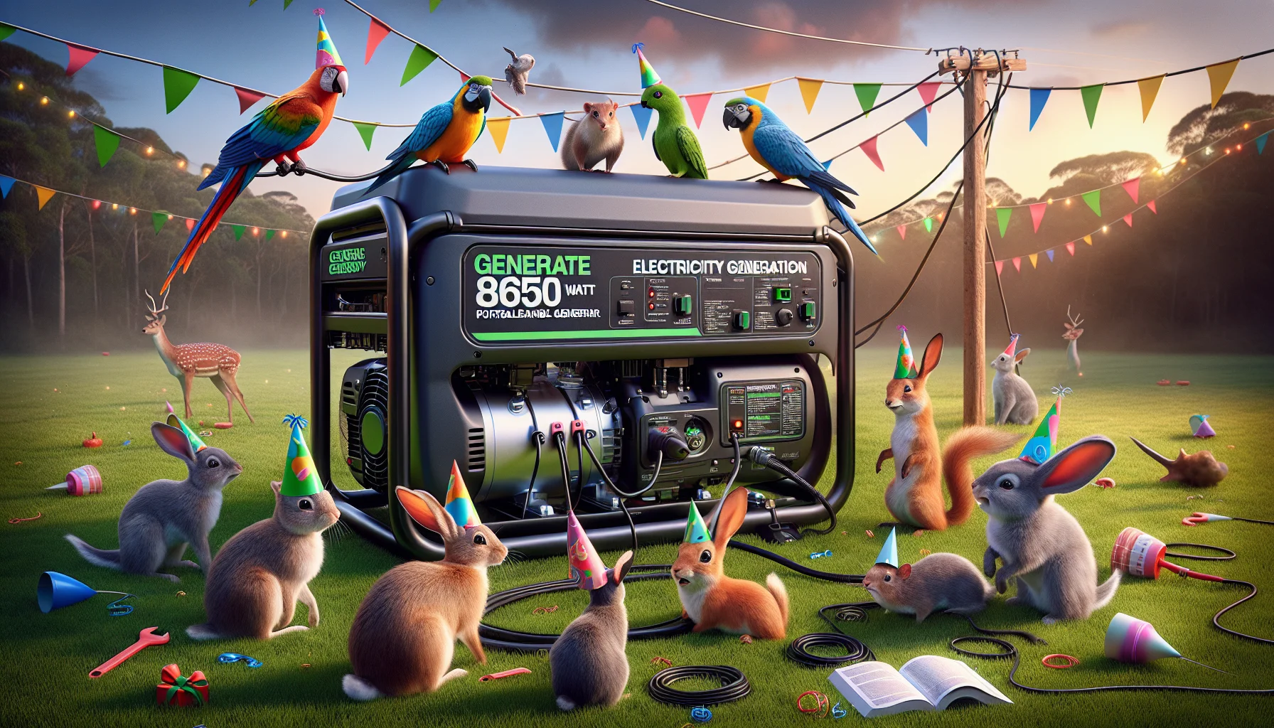 Generate a realistic image showcasing a large 8750 watt portable generator in a humorous scenario that encourages people to generate their own electricity. The generator is placed on a lush green lawn, surrounded by cute animals like rabbits and squirrels in party hats, seemingly preparing for a festivity. On the right, a flock of brightly colored parrots is trying comically (and failing) to operate the generator start button. On the left, a couple of bemused deer are watching the chaos while trying to understand a 'DIY Electricity Generation' manual book. The sky overhead is a lovely shade of twilight, and glows with the promise of upcoming fun.