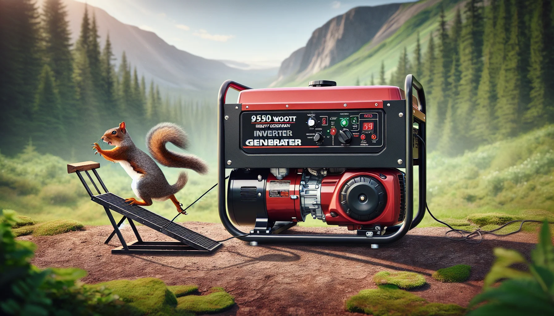 Create a detailed, realistic image showcasing a heavy-duty, 9500 watt inverter generator with a red-black color scheme in a humorous scenario. The generator is sitting in the middle of a natural landscape, perhaps a forest or a mountainside. Beside the generator, a cartoon squirrel humorously attempts to run on a makeshift treadmill, futilely trying to generate electricity. The image should be enticing and comedic, portraying the convenience and power of having such a generator compared to alternative means of generating electricity, like the squirrel's endeavors.