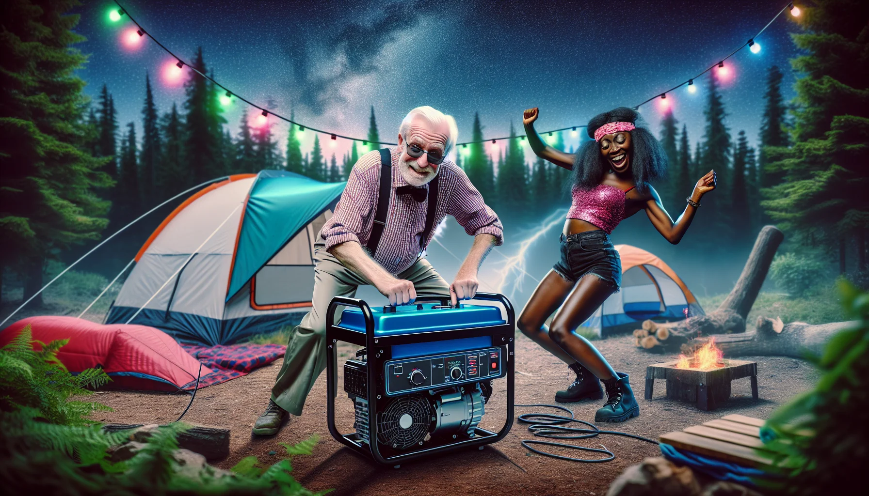 Create a humorous and eye-catching scene depicting a portable generator in an unexpected situation to highlight the joy of generating your own electricity. Envision this: An elderly Caucasian man and a young Black woman are camping in the wilderness. They are unexpectedly having a disco party at the campsite, complete with colorful lights and a dance floor. The electricity they're using is amusingly sourced by a sturdy, robust portable generator, instead of the traditional grid supply. They're dancing and enjoying themselves under the starry night, showcasing the freedom that comes with a personal electricity source.