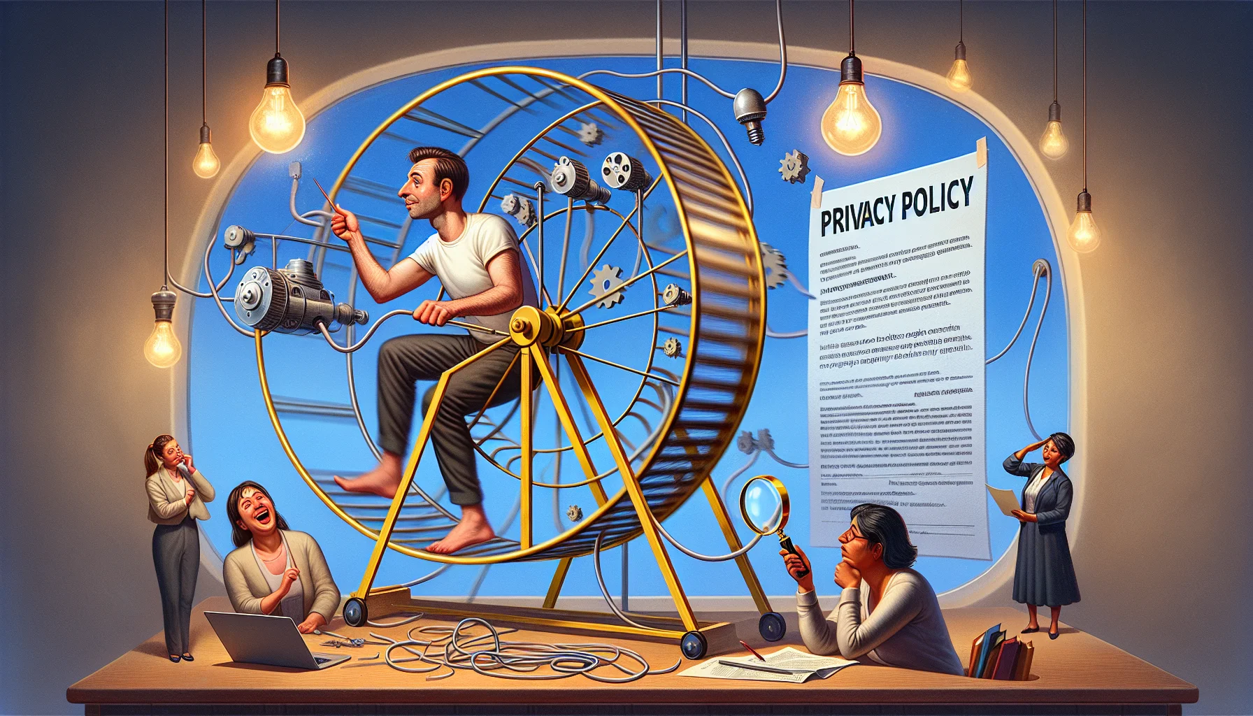 Create a humorous, realistic scene depicting an enticing opportunity to generate electricity in relation to privacy policy. Picture a man with a Caucasian descent, spinning a large hamster wheel that's interconnected with wires and light bulbs, reducing energy bills. Also, there's a privacy policy document next to the wheel, comically oversized with a magnifying glass revealing its fine print. On one side, a woman of South Asian descent is laughing and pointing towards the man in the wheel, and on the other side, a Black woman is taking a contemplative stance, analyzing the privacy policy document.