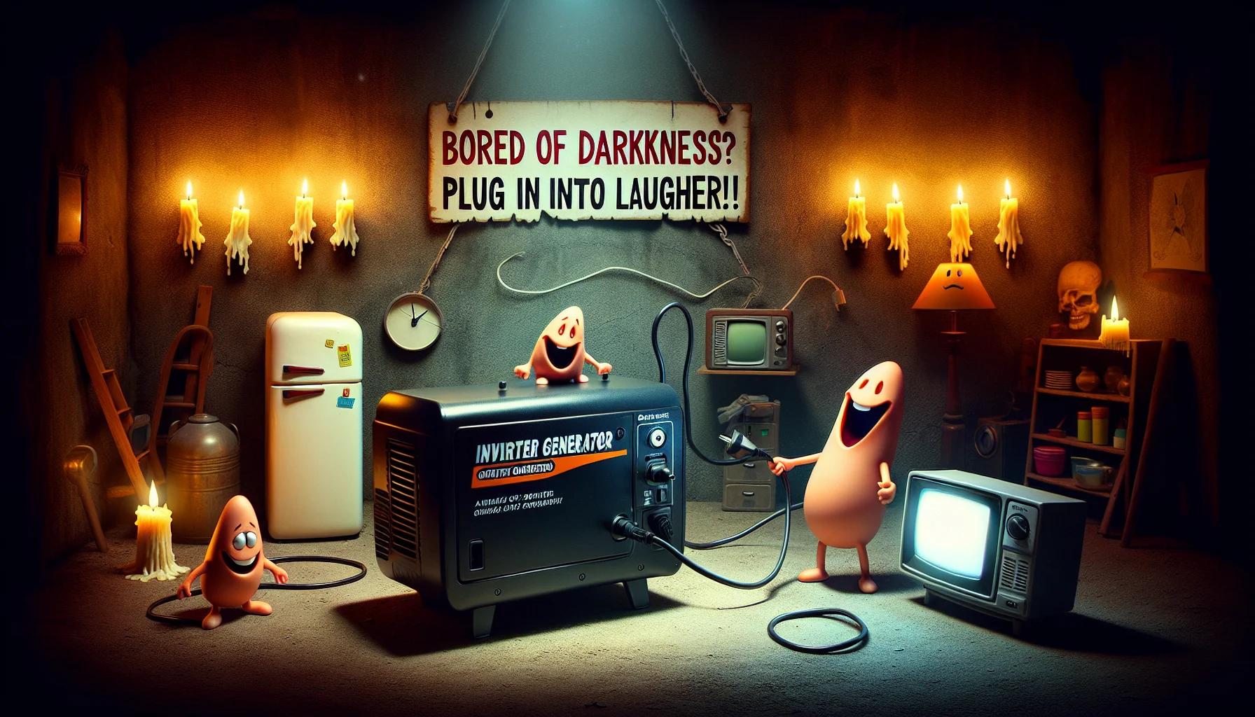 Create an imaginative scene depicting a peculiar situation. An inverter generator akin to the style of a Pulsar 4500 Inverter Generator is humorously using its power. In the background, a comic signage quotes 'Bored of darkness? Plug into laughter!' The generator, curiously personified, is sending electricity towards household appliances-like a refrigerator, TV, and a lamp- that are animate, gleefully bouncing around. The appliances appear delightfully overjoyed, illuminated in the otherwise eerie, candle-lit surroundings. The scene creatively encourages the fun side of generating electricity.