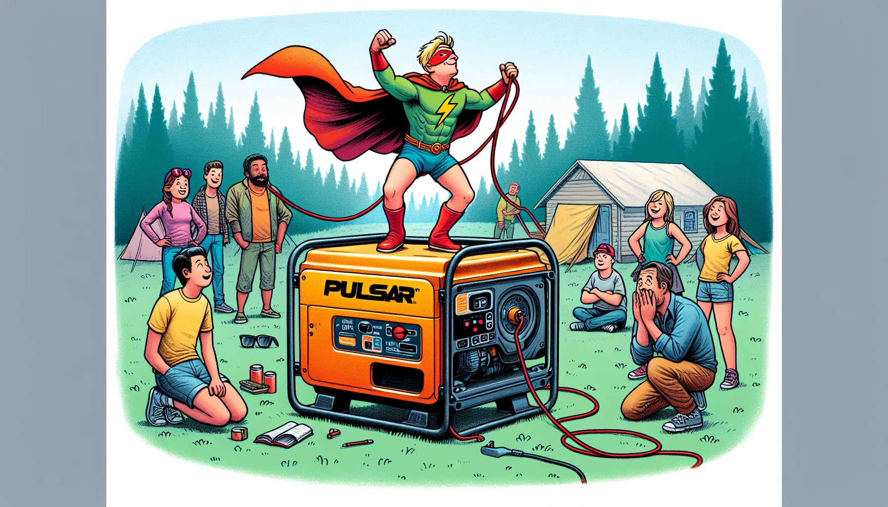 Illustrate a humorous scenario involving a Pulsar G12KBN generator. The generator is brightly colored, located in the center of a campground. A group of mixed-gender and racially diverse friends watches bemusedly as a blonde-haired Caucasian man in a superhero costume, complete with a red cape, bends over dramatically to operate the generator, attempting to 'charge up' his powers. This is done in a fun, light-hearted manner, showing the generator as a useful tool for power generation in a playful light, enticing viewers about the joy of generating electricity.