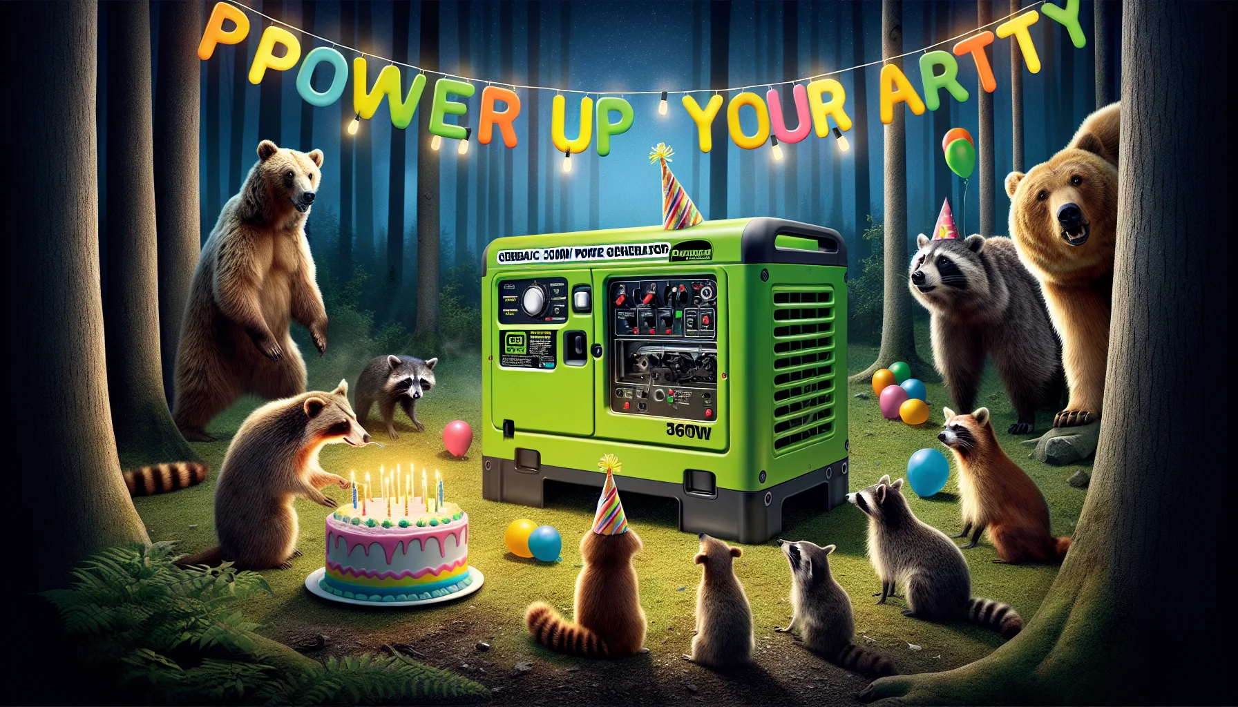 Produce an image of a generic lime-green and gray 3600W power generator, in a humorous situation. In this scenario, the generator is in the centre of a birthday party in the forest at night. Forest animals, such as a bear, raccoons, and owls, are visually curiously inspecting it, awestruck by the glowing lights powered by the generator illuminating the forest. Streamers and balloons adorn the generator as though it's the guest of honor. The message 'Power up your party' is humorously displayed in vibrant, cheerful colors, signifying the enticing element of generating electricity.