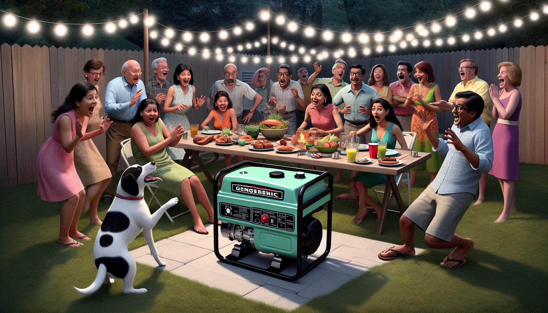 Imagine a humorous scene of a backyard barbecue party where the power has gone out. The scene portrays a dog accidentally starting up a generic, yet well-built and sleek, mint green generator, saving the day and eliciting hearty laughter from a diverse group of South Asian women and White men gathered around. The carnivalesque happenstance continues with the twinkle lights flickering back to life, illuminating their surprised expressions and bringing a whimsical atmosphere to the entire party. This light-hearted scene suggests the simple and accessible nature of electricity generation.