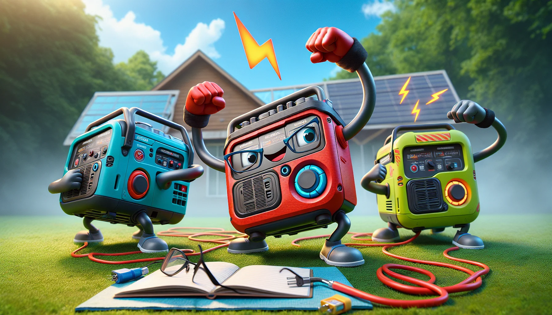 Create an amusing scene involving small portable generators. In this scene, three small portable generators have been anthropomorphized, each showcasing a different personality trait. The first one, a robust-looking generator with a red body and light blue touch-ups, is flexing its cords like muscles with a cheerful grin. The second, a neon-yellow generator with cool grey accents, is depicted as studious, with reading glasses and a notepad, carefully monitoring its power output. The final generator, painted in metallic silver with orange stripes, is shown leaping in the air enthusiastically with an 'electric' spark. The background shows a park on a sunny day, suggesting an eco-friendly way to generate electricity.