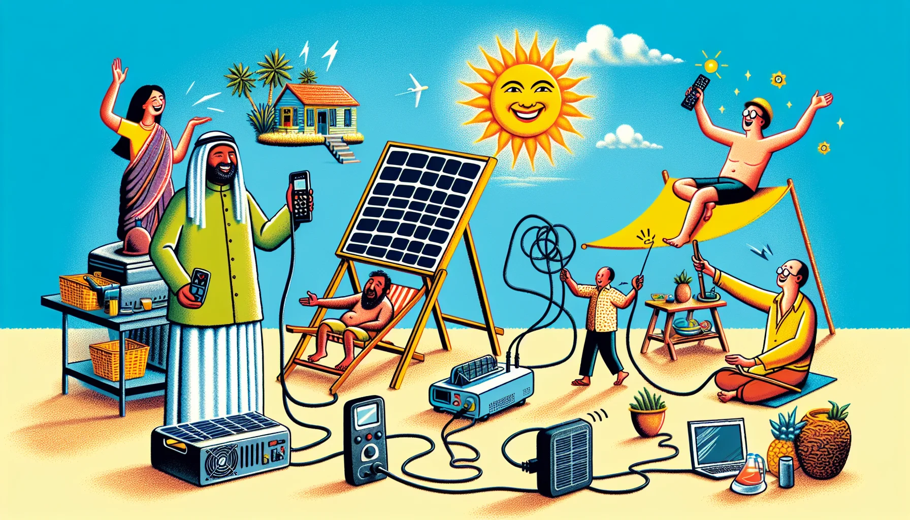 Create a humorous and captivating illustration showcasing an array of solar generators. The scene unfolds in a sunny suburban backyard, where a South Asian man is attempting to power up a small outdoor cinema using a solar generator. Meanwhile, a Middle-Eastern woman is teasingly holding a remote control in one hand and an unplugged cable in the other, pointing at the sun. To add to the quirkiness, a Caucasian child is pretending to sunbathe, holding a tiny solar panel instead of a reflector. The panel also connects to an odd, homemade gadget. Captions read 'Harness the Sun' and 'It's electrifyingly fun!'