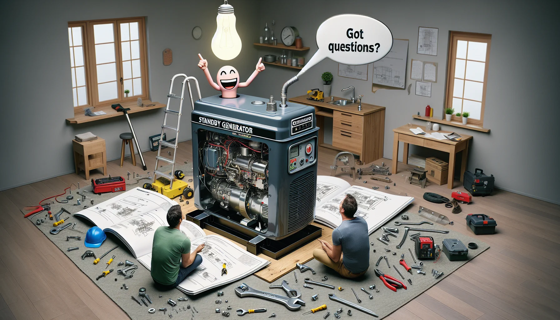 Create a playful and humorous situation in a residential setting where people are struggling with a massive instruction manual for a standby generator. The generator stands unconnected surrounded by various parts and tools. The diagram of the generator in the manual is laughing while pointing a finger towards a light bulb which flickers overhead. An advice bubble popping from the generator reads 'Got questions?'. The scene should encapsulate the confusion and hilarity that often comes along with often overlooked FAQ's about electricity generation on standby generators.