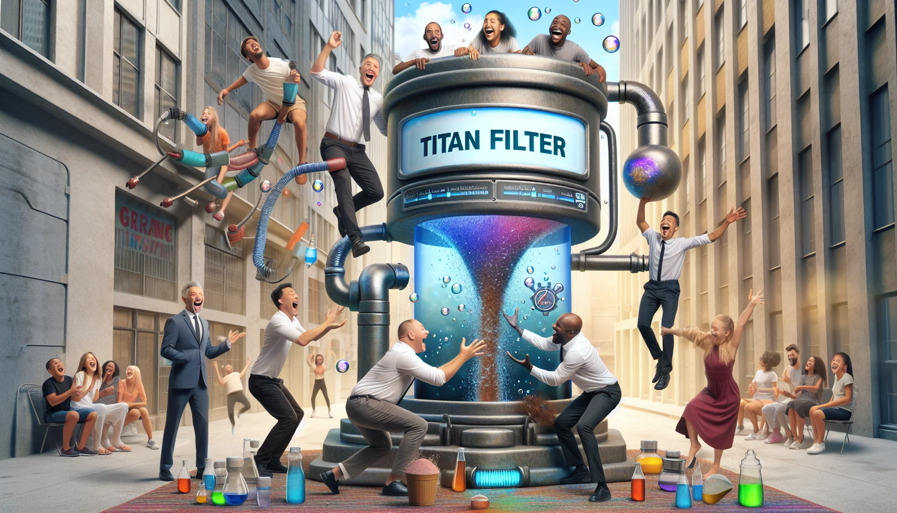 Create a humorous and enticing image of a futuristic device named 'Titan Filter' being used to generate electricity in an unusual way. The scene is set in an everyday urban setting and the device is unusually large. People from different descents such as Caucasian, Hispanic, Black, and Middle-Eastern of both genders are in the scene, laughing and lightly participating in this odd energy generation process. Exciting colors, bubbles, and animated electric bolts could be present to indicate the ongoing process, giving the whole scene a playful and engaging atmosphere.