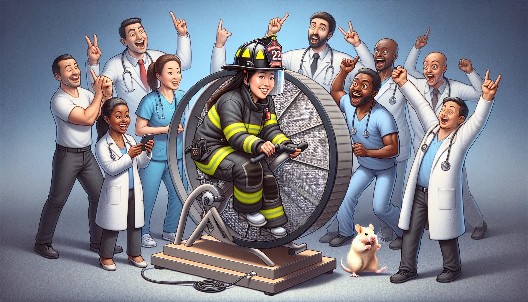 Create a humorous yet realistic image showcasing an unrelated category in an unconventional scenario promoting electricity generation. Illustrate a firefighter, an Asian woman, trying to generate electricity by pedaling on an exercise bike while a team of Black and Middle-Eastern doctors, consisting of both men and women, are enthusiastically cheering her on. A giant hamster wheel with a hamster next to it humorously suggests the idea that humans can also generate electricity similar to hamsters.
