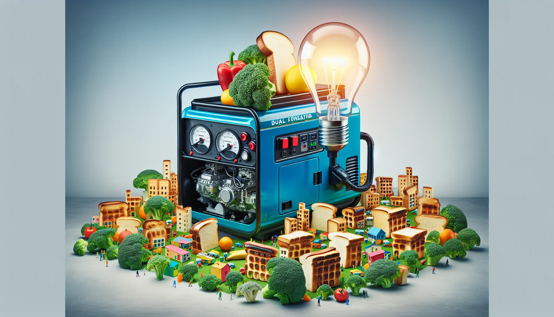 Generate an image of a dual fuel generator painted in bright colors placed in a humorous setting. Maybe it's powering a tiny city made entirely out of toast, where the buildings are slices of toasted bread, the trees are broccoli, and the people are cheerfully made of various fruits. An oversized lightbulb is brightly lit above the city, symbolizing the power provided by the generator. This unique setup is designed to amuse and inspire viewers to consider generating their own electricity.