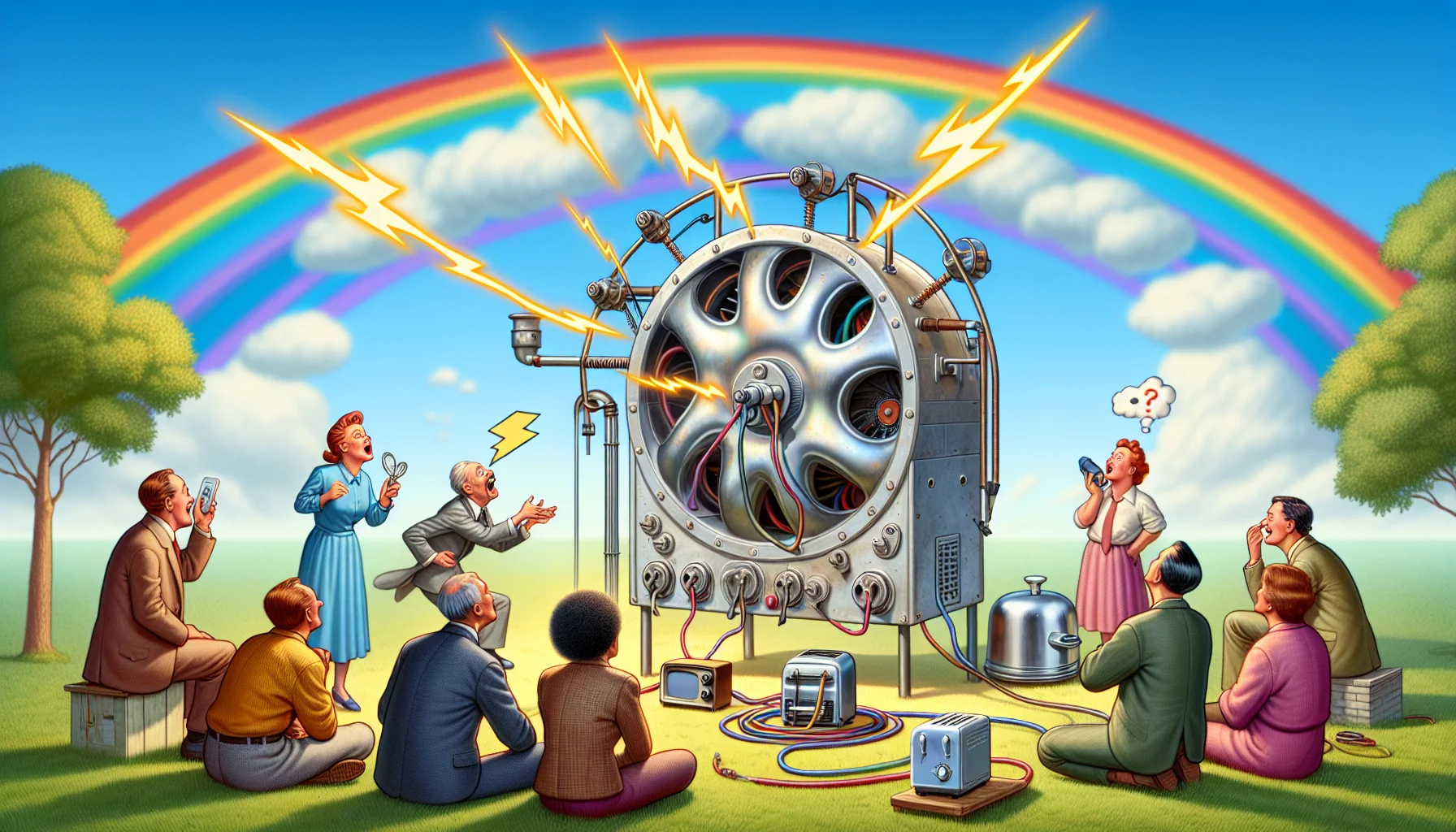 Create a humorous and tempting scenario set on a sunny day. In this scene, there is a piece of remarkable technology known as the 'WEN Filter'. This metallic device, round in shape with multiple outlets, is mid-action generating an electric bolt. It is situated on the grass with a rainbow overhead and has wired connection to scattered household appliances such as a fridge, toaster, and television. People of diverse races and genders are looking at the spectacle with a mix of awe and amusement, their expressions lively and full of excitement. Their speech bubbles indicate they are discussing how they can generate their own electricity using this device.
