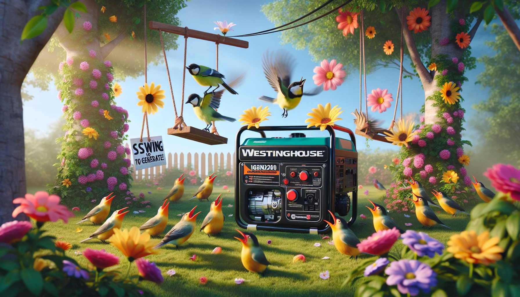 Create an image that features a Westinghouse iGen2200 portable generator in a humorous scenario. Display the generator in a brightly colored, outdoor garden setting with blooming flowers and chirping birds around. Suddenly, all the flowers turn towards the generator, reaching with their petals as if trying to plug themselves into it, and the birds are playfully perched on the generator, seemingly trying to use their beaks to flick the switch on. Place a swing hanging from a tree nearby with a sign that reads 'Swing to Generate!'. Ensure the scenario feels playful and appealing, enticing viewers to generate their own electricity.