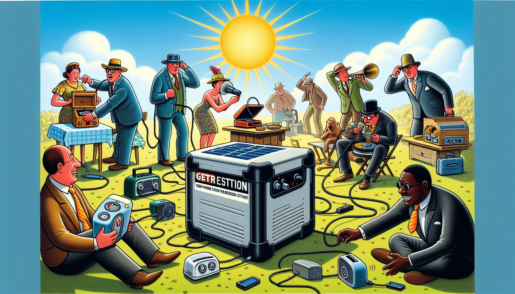 Illustrate a humorous situation of a solar generator with the size and shape characteristic to a Yeti, but it is not a Yeti brand, placed in an outdoor sunlit setting. It's amidst well-dressed Caucasian and Black men and women, who are trying to connect various odd devices to it, like a toaster, an old-fashioned gramophone and even a turntable! The bright sun is shining above, and there's a bold tagline below saying, 'Your power solution for every absurd situation!'